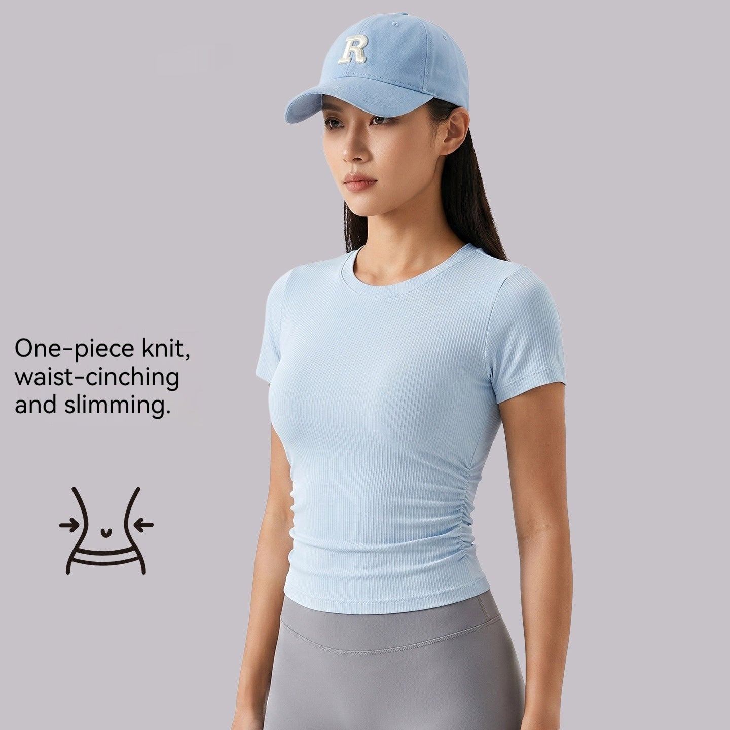 Womens Round-Neck Pleated Shaping Short-Sleeve Yoga Top