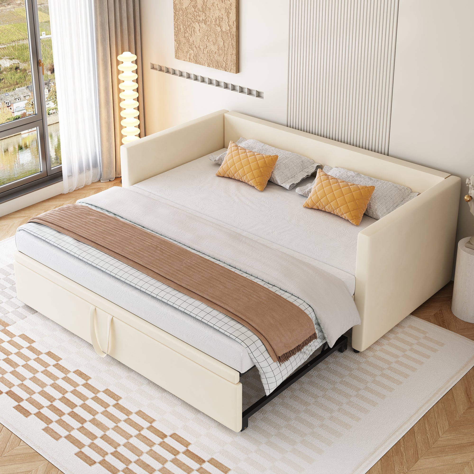 Upholstered Bed Pull-out Sofa Bed 90 180x200 Cm With Slatted Frames, Multifunctional Bed Made Of Skin-friendly Velvet Fabric Beige