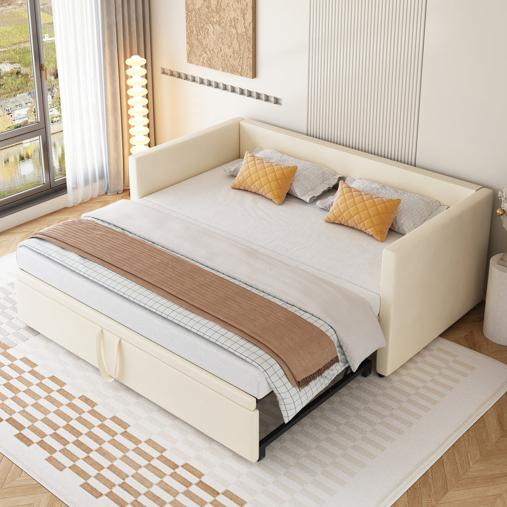 Upholstered Bed Pull-Out Sofa Bed 90 180X200 Cm With Slatted Frames, Multifunction Bed Made Of Skin-Friendly Velvet Fabric Beige