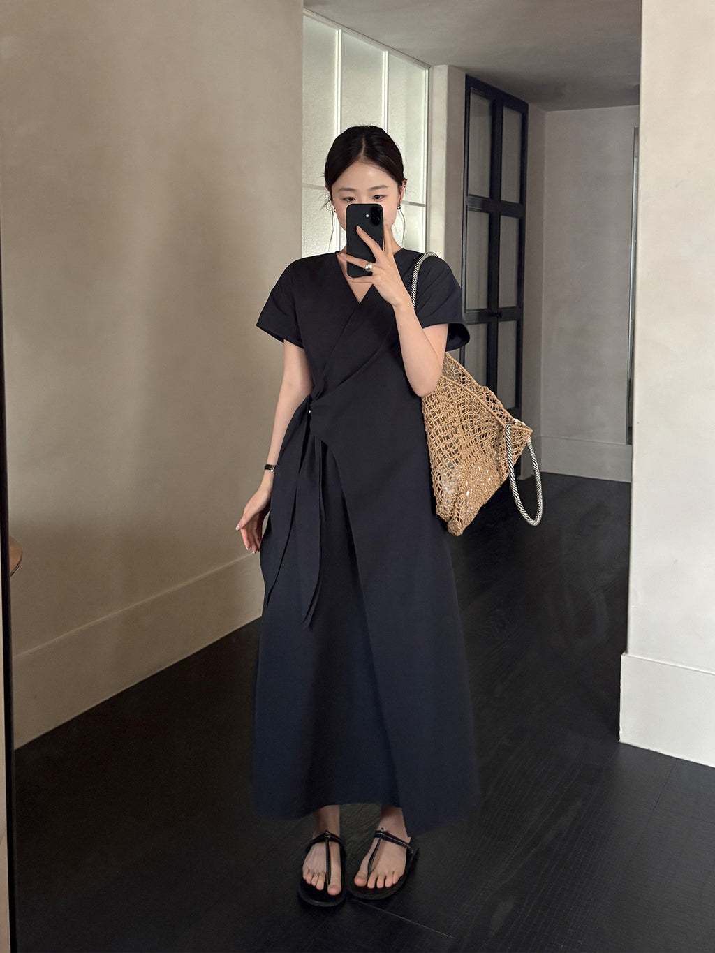 TG Minimalist Relaxed-Feel Wrap V-Neck Lace-Up Dress