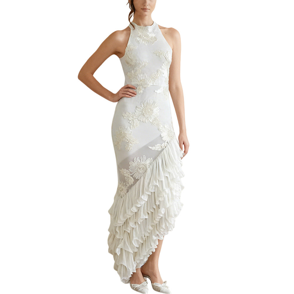 Sleeveless Off-shoulder Dress With Three-dimensional Embroidery And Ruffled Hem