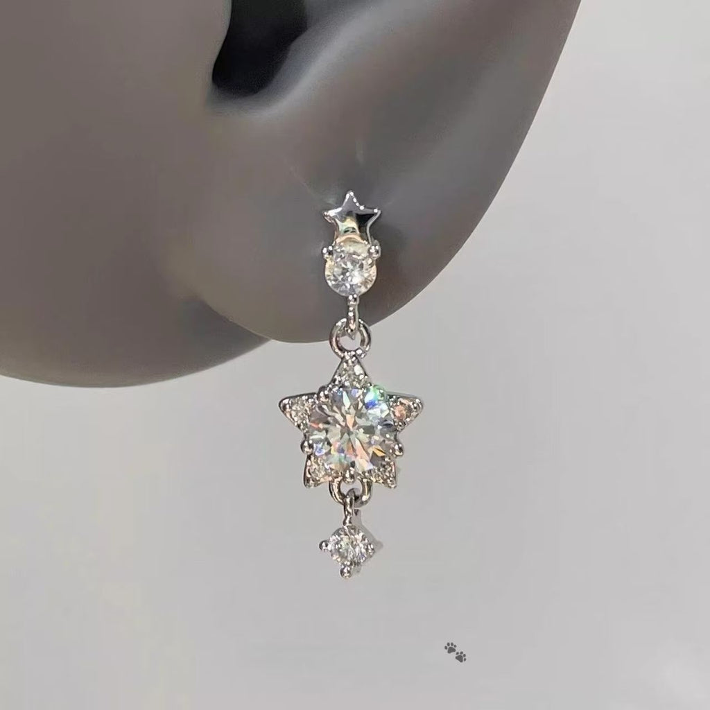 Super Sparkling Five-pointed Star Zircon Pendant Titanium Steel Stud Earrings, Exquisite Star Cartilage Studs Dangle Earrings For Women