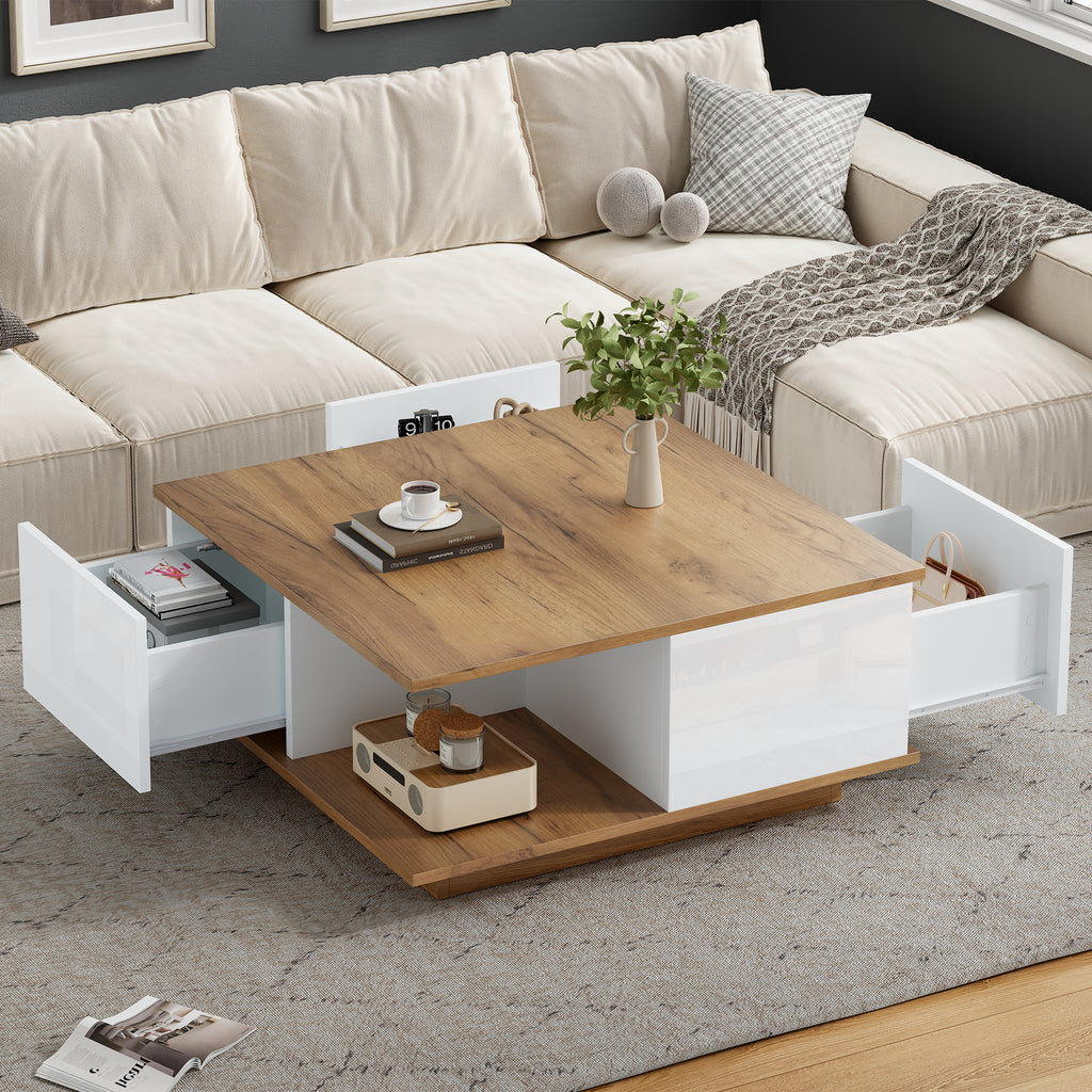 70 X 70 X 31.5cm Coffee Table With 3 Drawers, Geometric Coffee Table, High Gloss Living Room Table, Sofa Table, Side Table, Suitable For Small Rooms, White - Original Wood Color