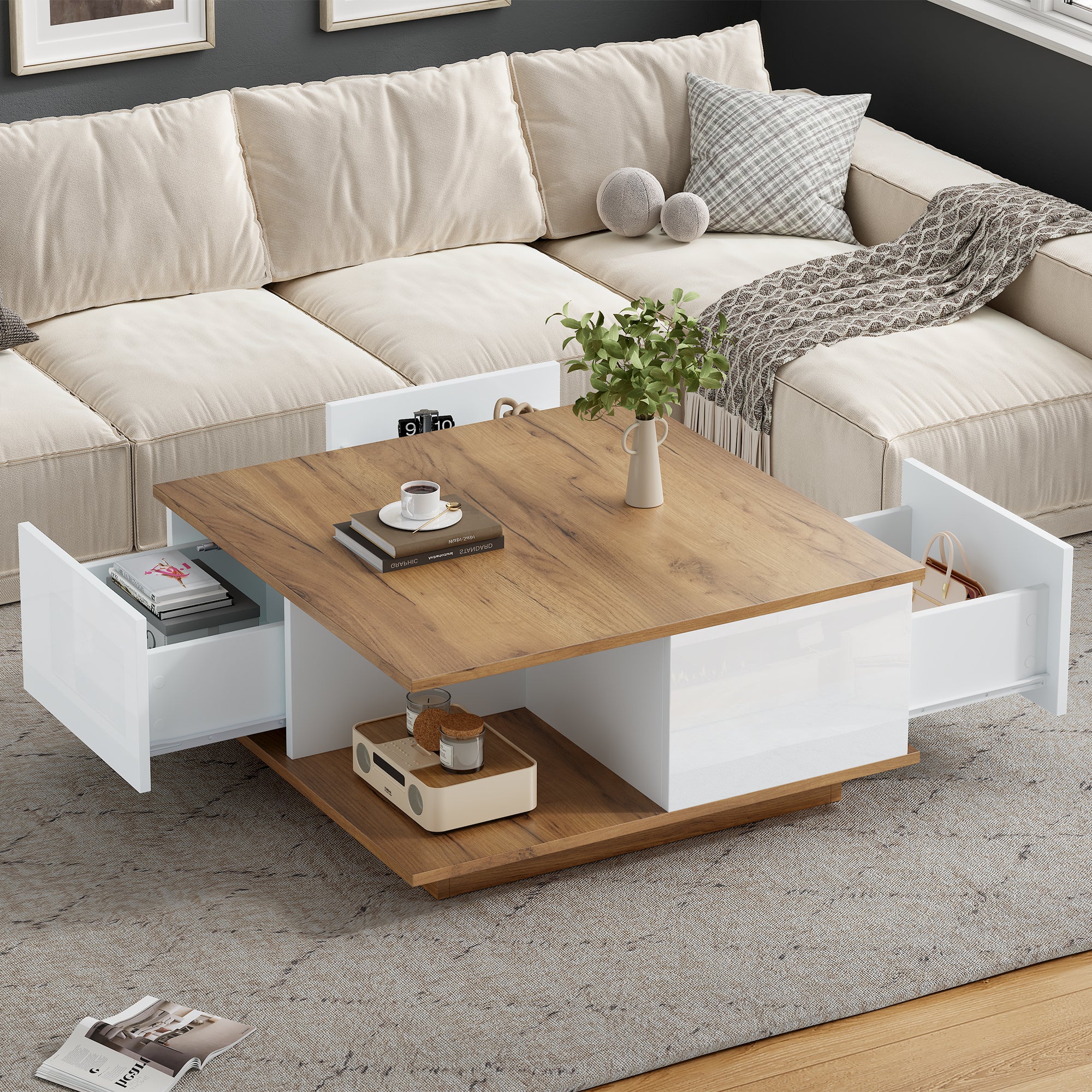 70 X 70 X 31.5cm Coffee Table With 3 Drawers, Geometric Coffee Table, High Gloss Living Room Table, Sofa Table, Side Table, Suitable For Small Rooms, White - Original Wood Color