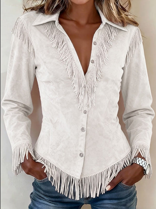 Western Cowboy-Style Suede Fringe Slim-Fit Long-Sleeve Shirt
