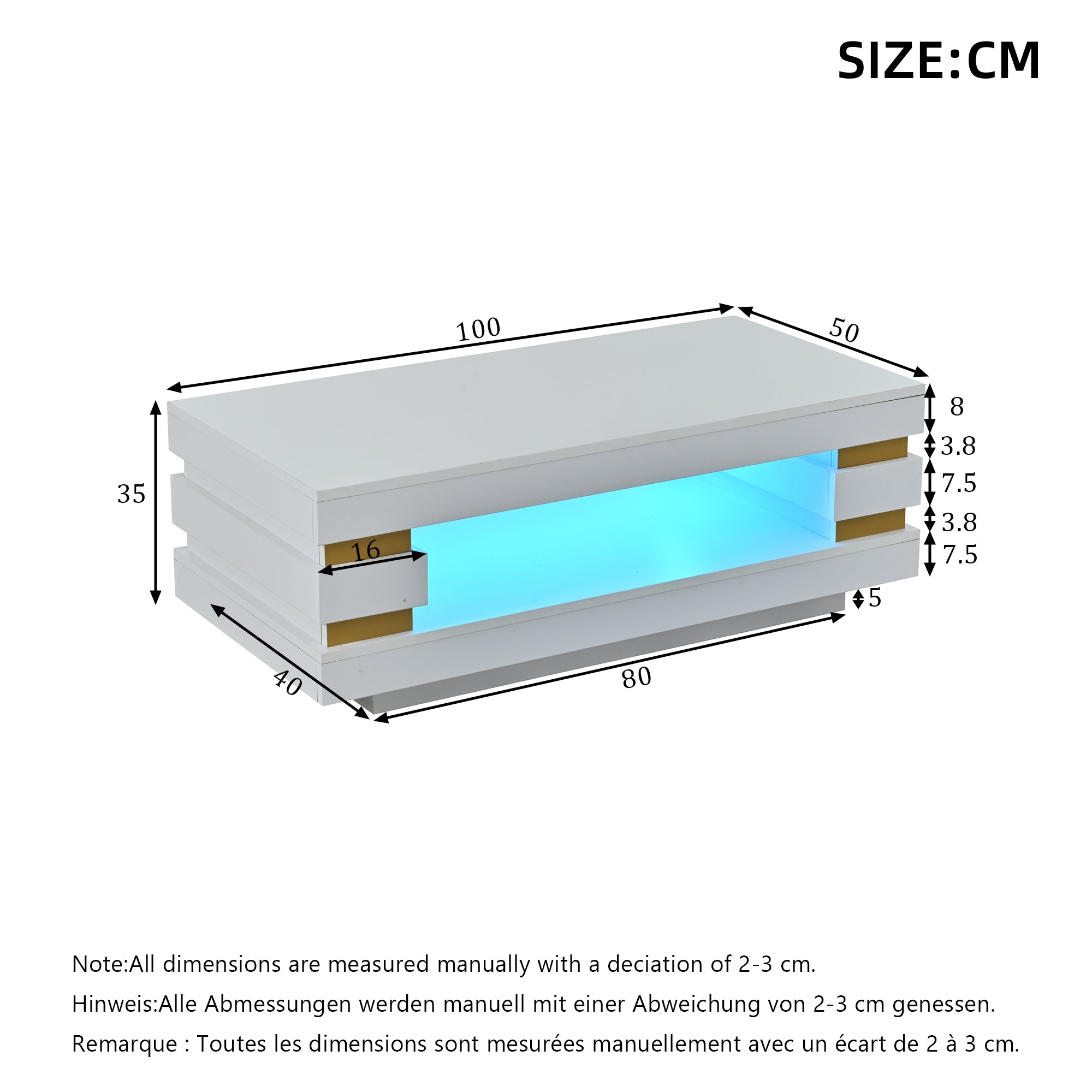 Coffee Table 100X50X35cm With Hollowed-out Center For Storage, Coffee Table, Teetish High Gloss LED Strip Lighting, Ideal For Small Apartments, Made Of Chipboard, White.