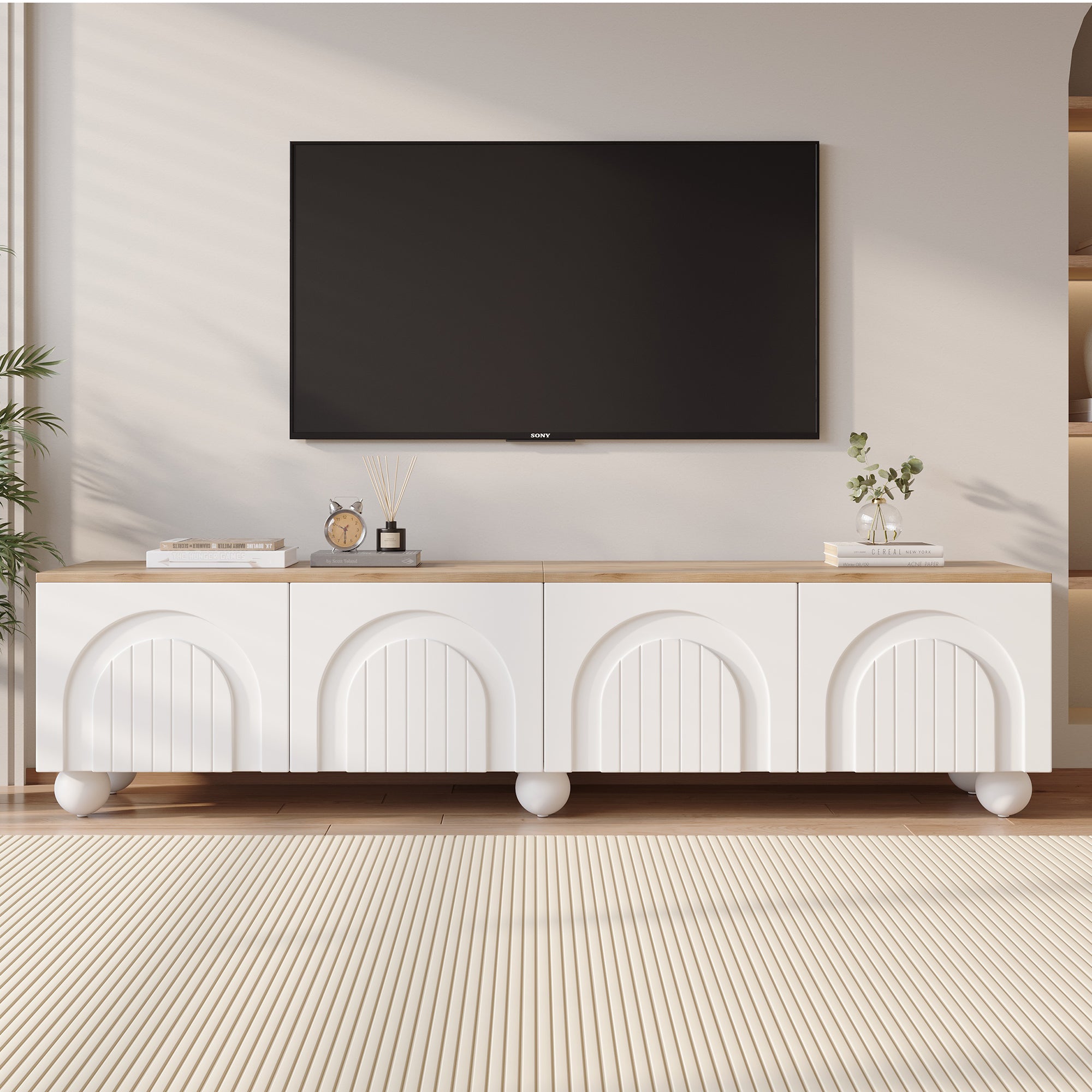 180x40x45cm TV Cabinet With 4 Cabinets,TV Stand And TV Cabinet With 6 Ball Base Metal Legs, Lowboard And TV Stand,TV Board And TV Dresser Suitable For TVs Around 80 Inches, Wood Color White