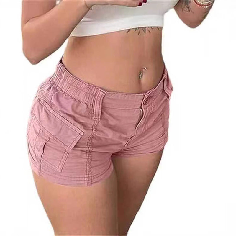 Womens Versatile Fashionable Solid-color Utility Denim Shorts