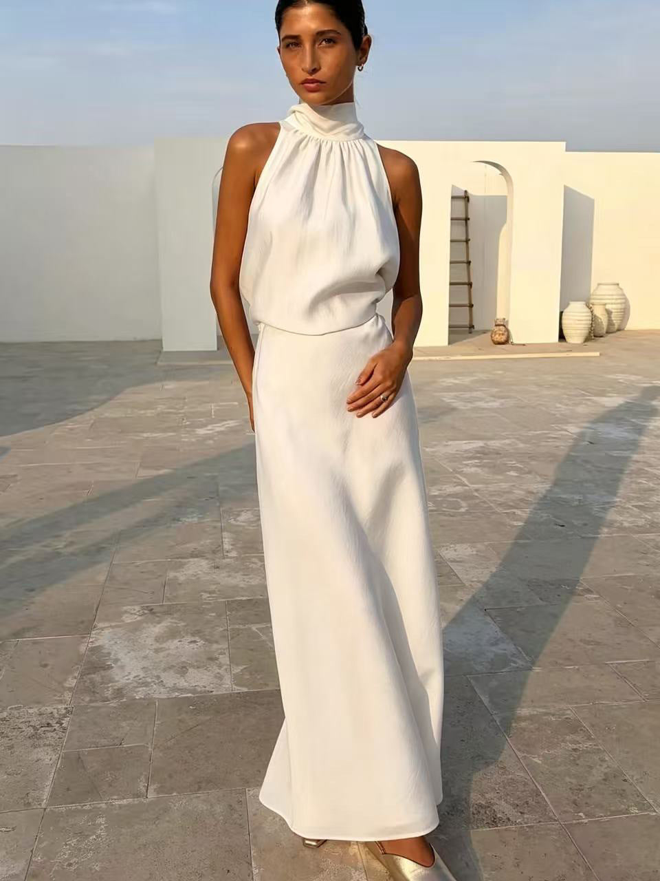 SpringSummer Halterneck Sleeveless Top With Flowing Straps And High-Waisted Fishtail Midi Skirt Set