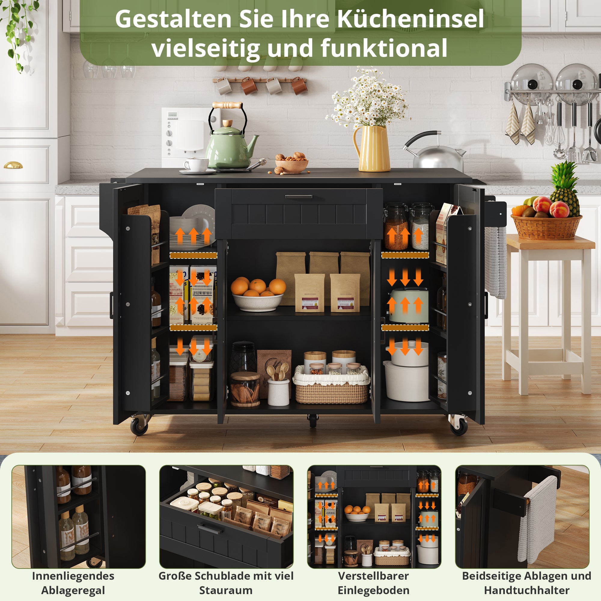 Kucheninsel Mit Klappbarer Arbeitsplatte,Kuchenwagen Auf Rollen, Kuchenschrank Mit 4 Turen Und 1 Schublade, Integrierten Gewurzregalen In Den Turen, Doppelseitigen Handtuchhaltern,schwaz120x45 70 X95