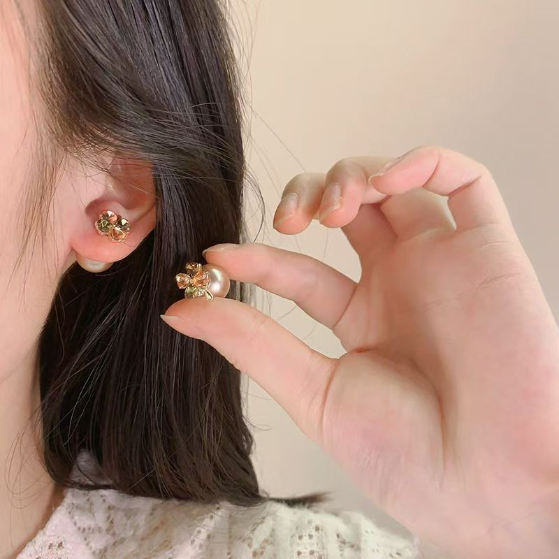 Japanese  Style Pearl Stud Earrings For Women, Four-Leaf Clover Zircon Accent Earrings, Sweet Girly Vitality Dainty Ear Jewelry