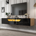 TV Cabinet With 3 Storage Compartments, Lowboard, Floating Wall-mounted TV Unit, High-gloss TV Cabinet With LED Light, TV Table, Wall-mountable, Suitable For 75-inch TVs, Black  Original