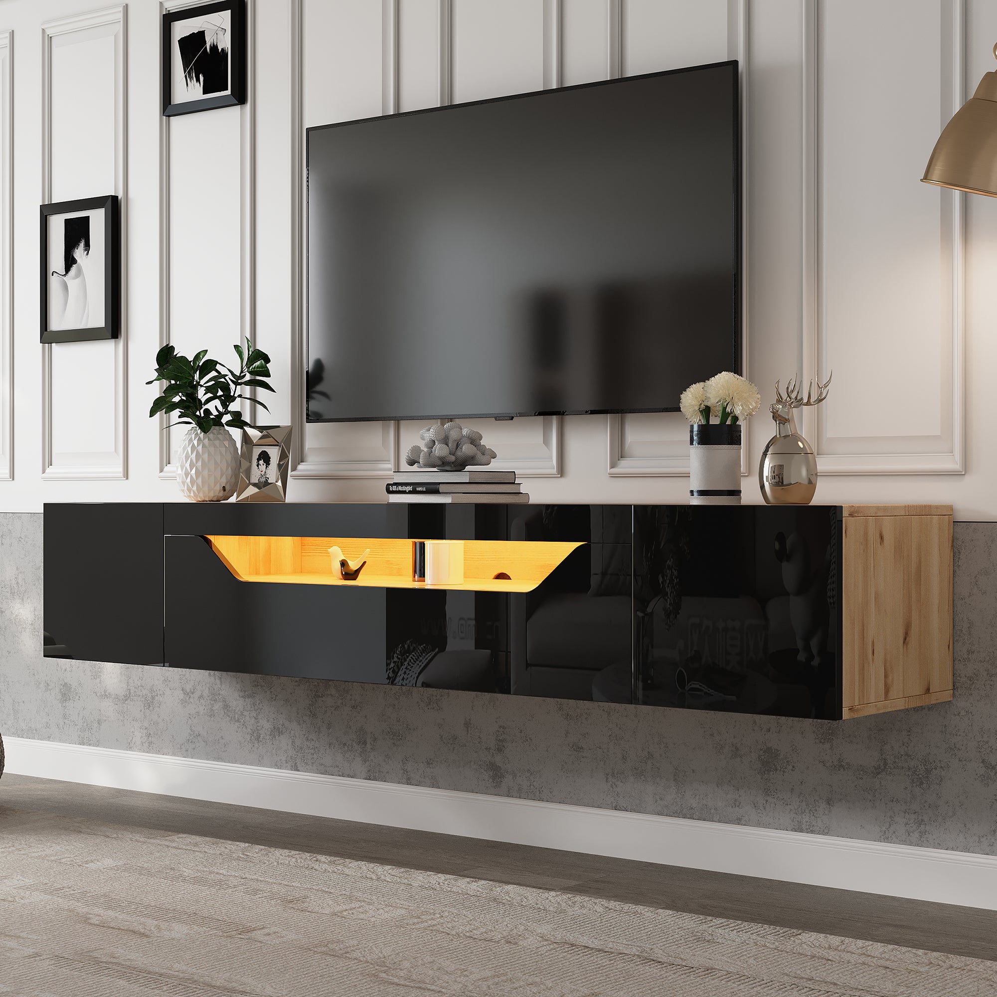 TV Cabinet With 3 Storage Compartments, Lowboard, Floating Wall-mounted TV Unit, High-gloss TV Cabinet With LED Light, TV Table, Wall-mountable, Suitable For 75-inch TVs, Black  Original