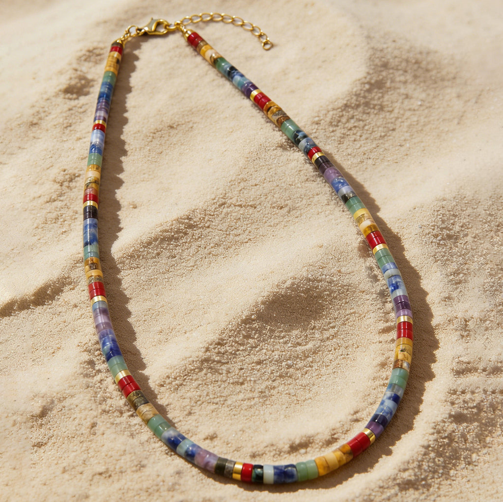 7 Chakra Heishi Bead Choker Necklace For Women, Colorful Natural Stone Tube Beads, Gold Extension Chain, Boho Jewelry Gift Daily Wear