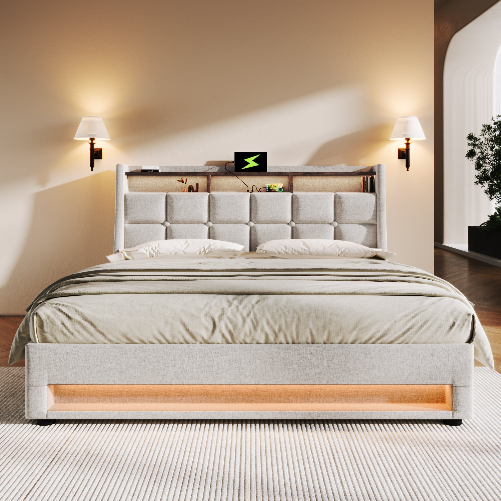 Upholstered Bed With USB 140x200cm,LED Double Bed With Slatted Frame Made Of Metal Frame,Bed Frame Made Of Linen Material Youth Bed Without Mattress