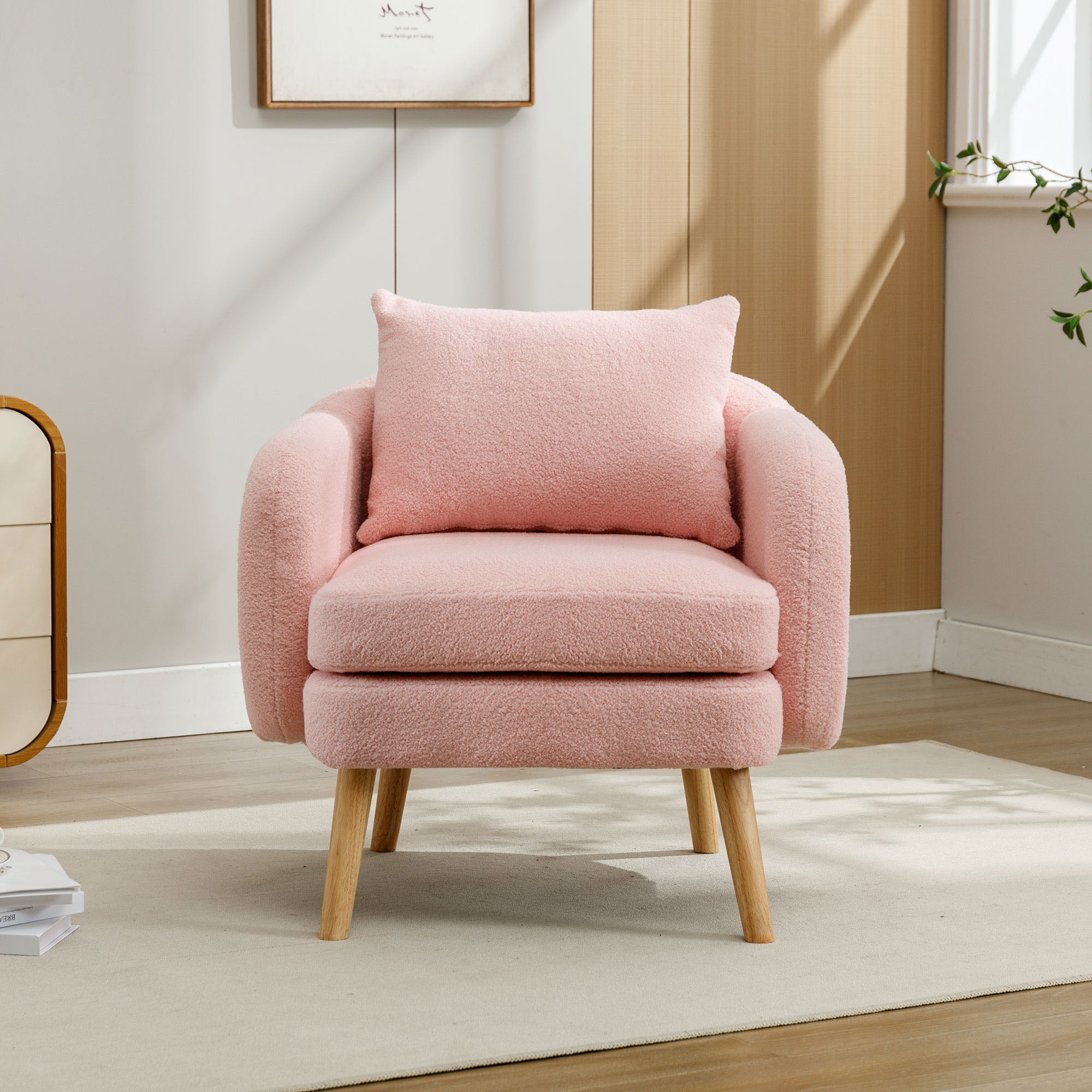 Modern, Simple Teddy Velvet Armchair With Cushion, Extra Thick Cushion Chair, Single Sofa Armchair, Upholstered Armchair, Leisure Chair, Solid Wood Leg Chair