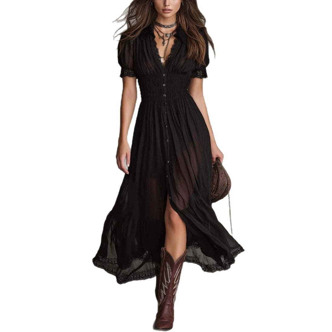 Fitted-waist Ruffled-edge Chic Dark-style V-neck Blouse And Slit Maxi Skirt