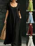Summer Dress U-neck Short-sleeve Loose Casual Pure Color Full-skirted Long Dress