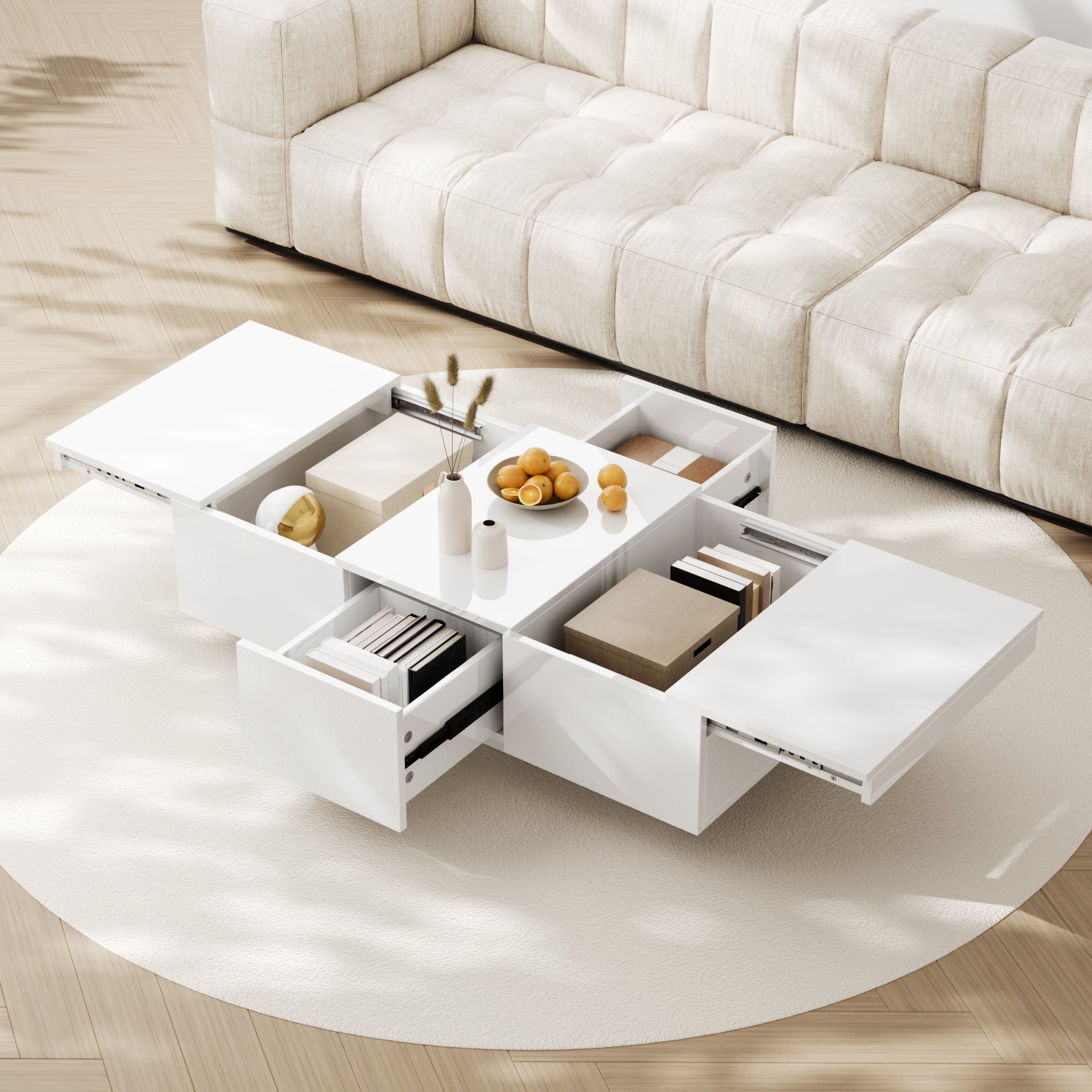 High-gloss Coffee Table With Push-pull Storage Design And Double-sided Drawers.
