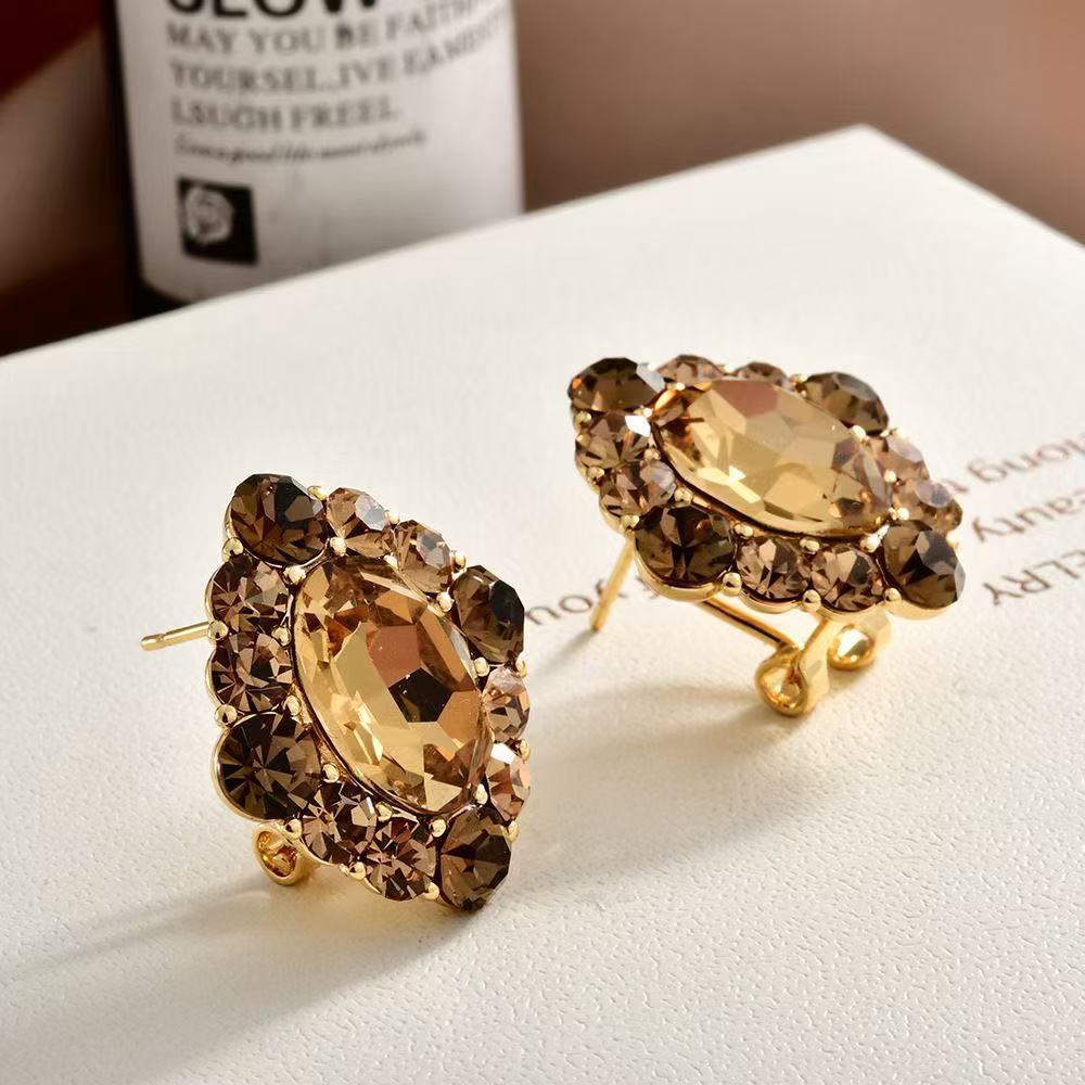 2026 Bestselling Maillard Retro Coffee Rhombus Full Rhinestone Snap Hoop Earrings, Sparkling Luxury Diamond Inlaid Ear Buckles For Women