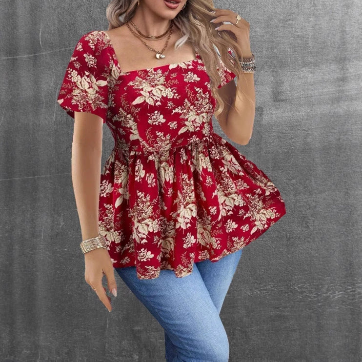 Womens Casual Short Square-neck Floral Top