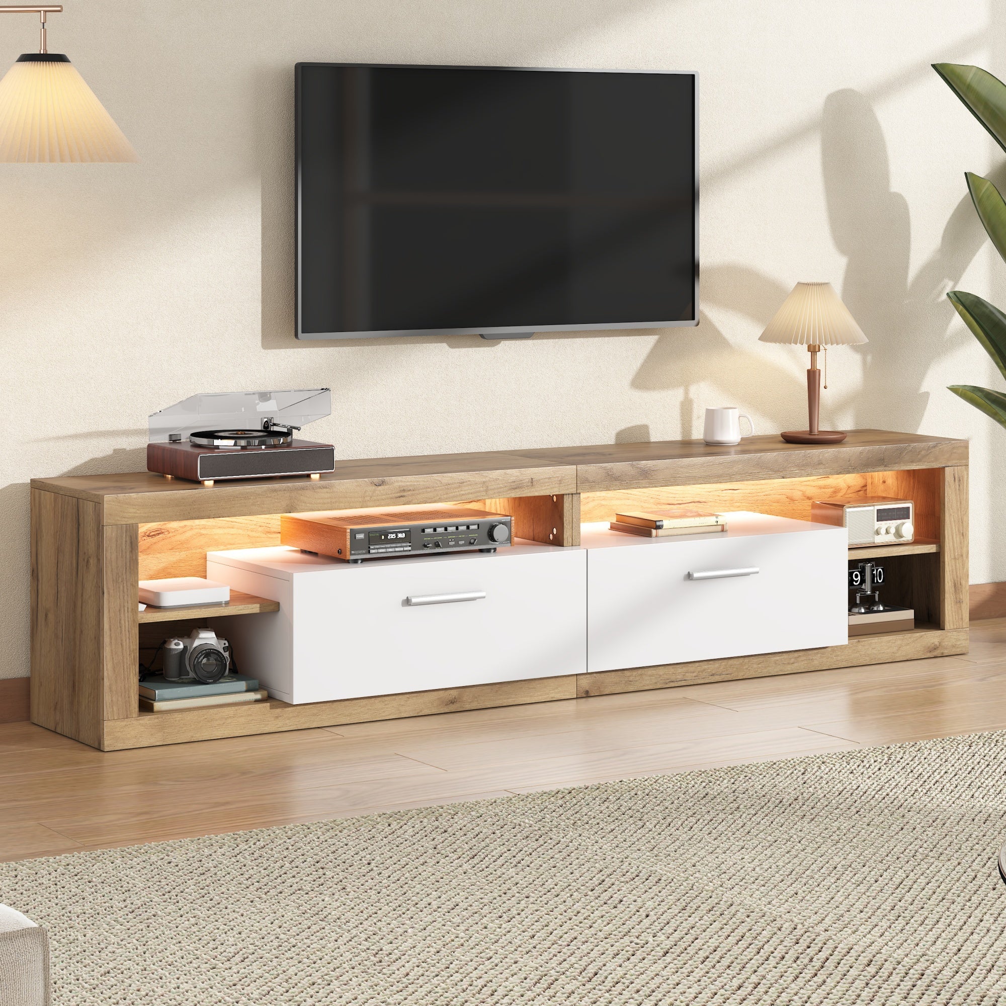 TV Cabinet 180x35.5x50cm With App-controlled LED, 2 Drawers & 4 Open Compartments, TV Cabinet, Lowboard Made Of Chipboard, Loadable Up To 30kg, Suitable For 75 Inch TVs, Natural Wood Color  White