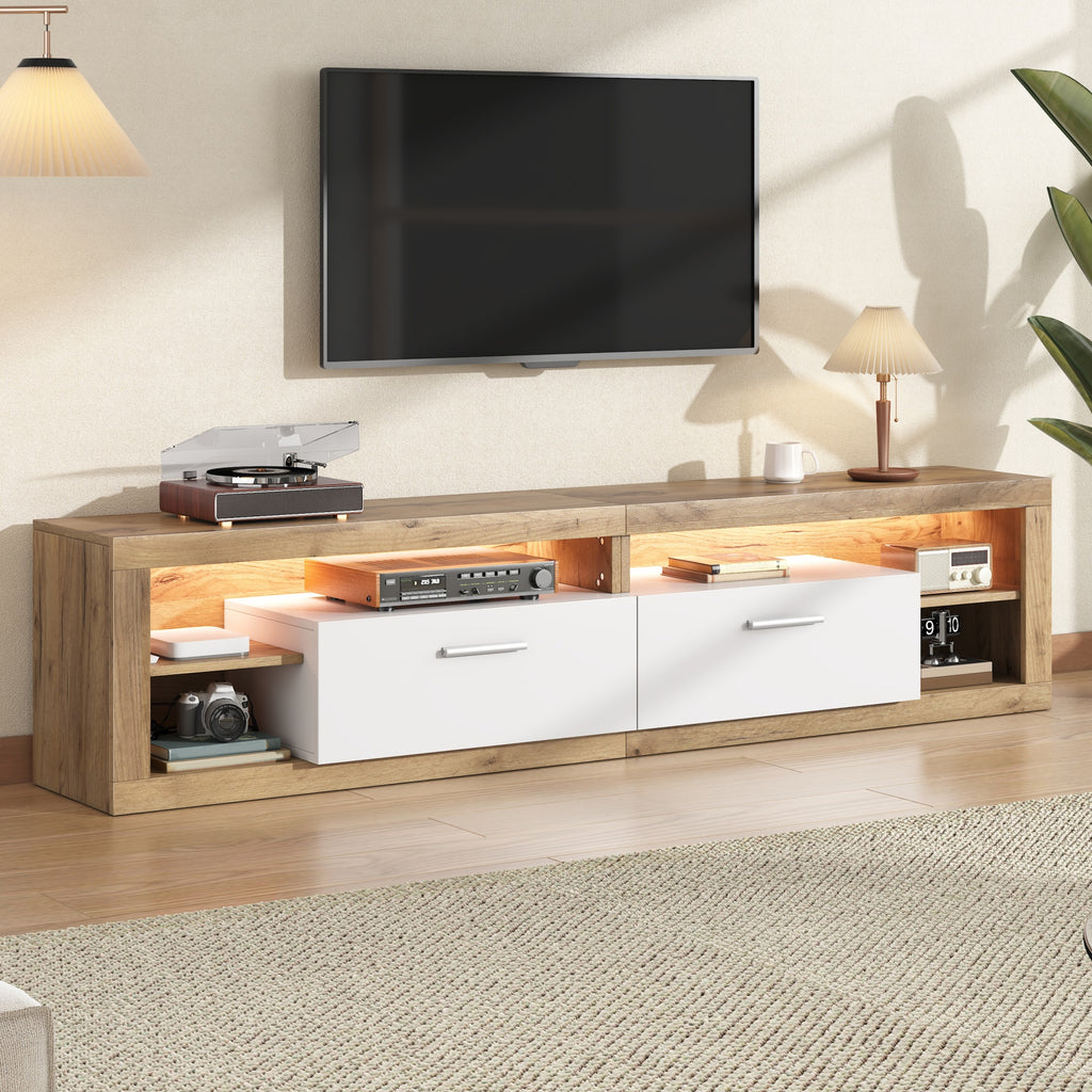 TV Cabinet 180x35.5x50cm With App-controlled LED, 2 Drawers & 4 Open Compartments, TV Cabinet, Lowboard Made Of Chipboard, Loadable Up To 30kg, Suitable For 75 Inch TVs, Natural Wood Color  White
