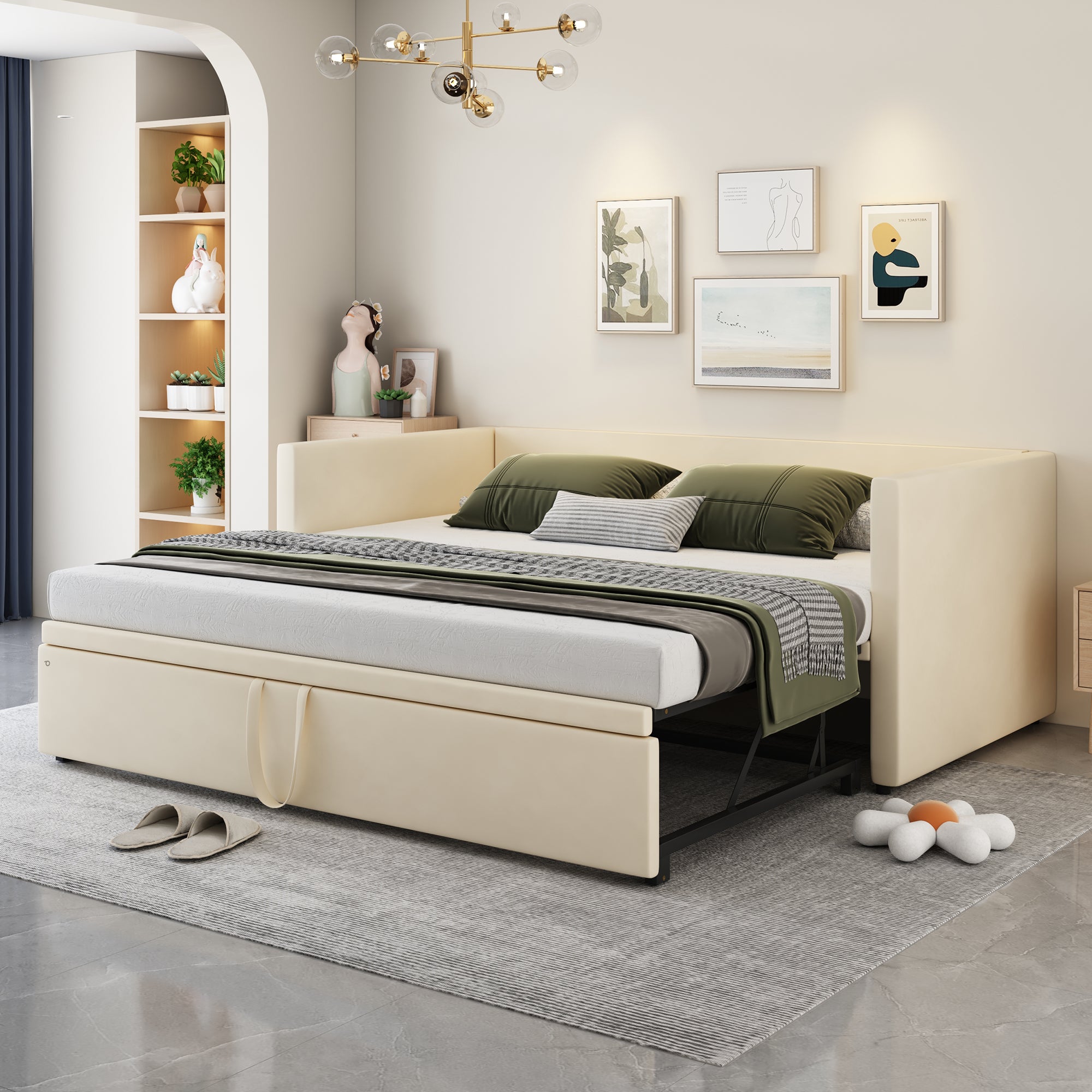 Upholstered Bed Pull-Out Sofa Bed 90 180X200 Cm With Slatted Frames, Multifunction Bed Made Of Skin-Friendly Velvet Fabric Beige