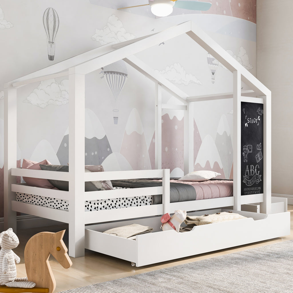 Children's Bed House Bed 90 X 200 Cm, Wooden Bed With Blackboard And 2 Drawers, Solid Wood With Fence And Slatted Base, White  Without Mattress