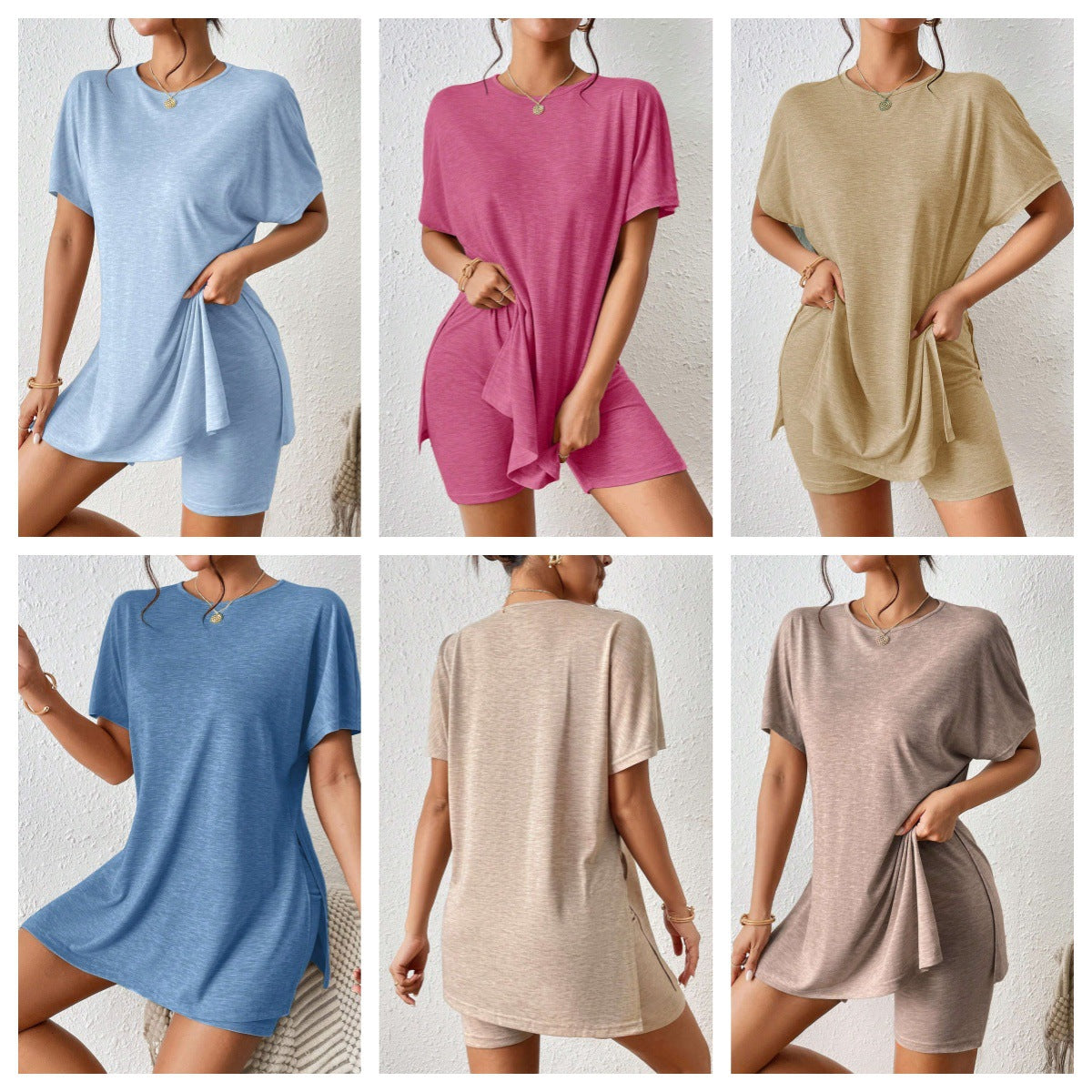 Women's Casual Solid Color Batwing Sleeve Tunic Top & Shorts Two Piece Set - Loose Loungewear Set, Multiple Colors Available