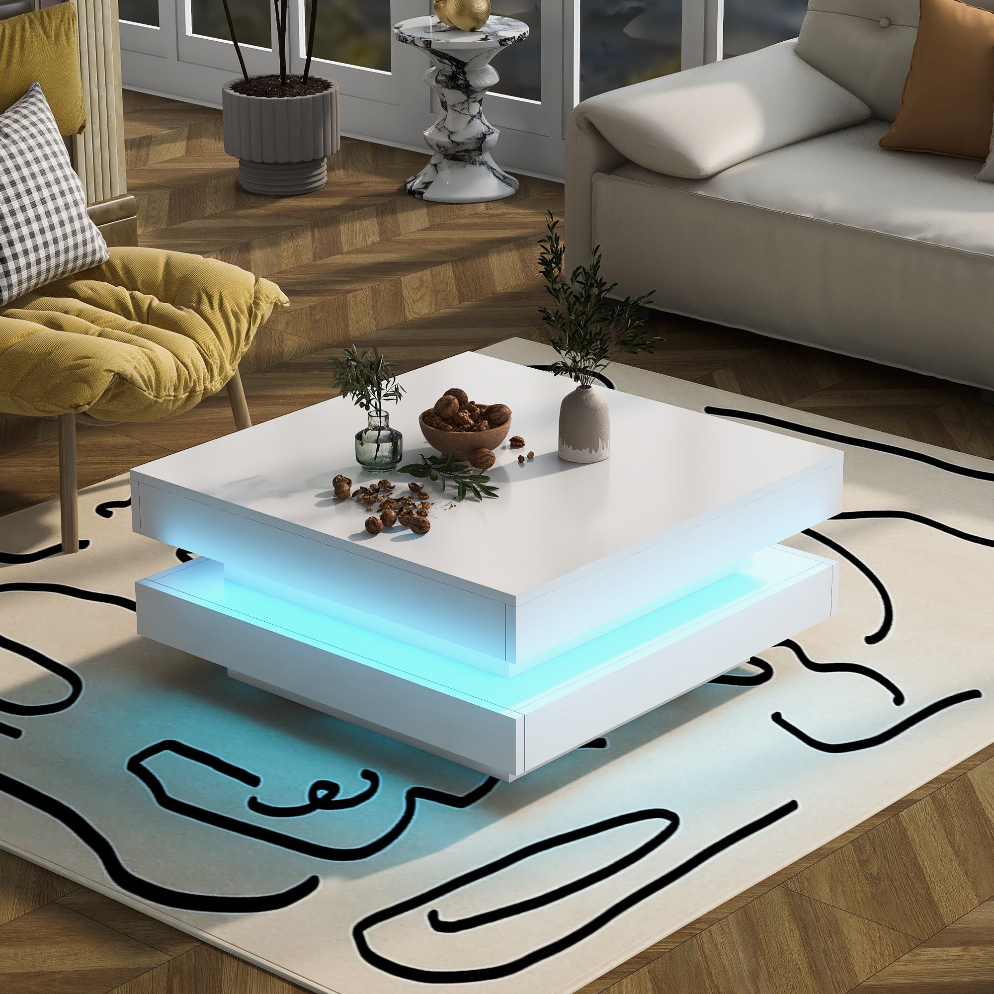 Square White Coffee Table  Modern Tech Style, With Bluetooth LED Strip, 70 X 70 X 36 Cm, Max. Load 45 Kg