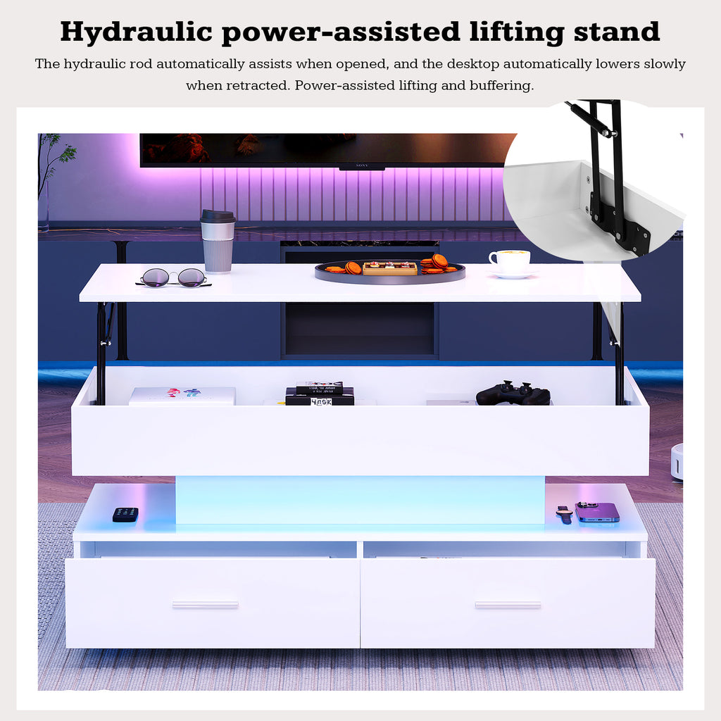 100x50x44cm Hydraulic Height Adjustable Coffee Table, With LED Lighting, Bluetooth APP Control, 2 Drawers And Open Storage,White Liftable Coffee Table