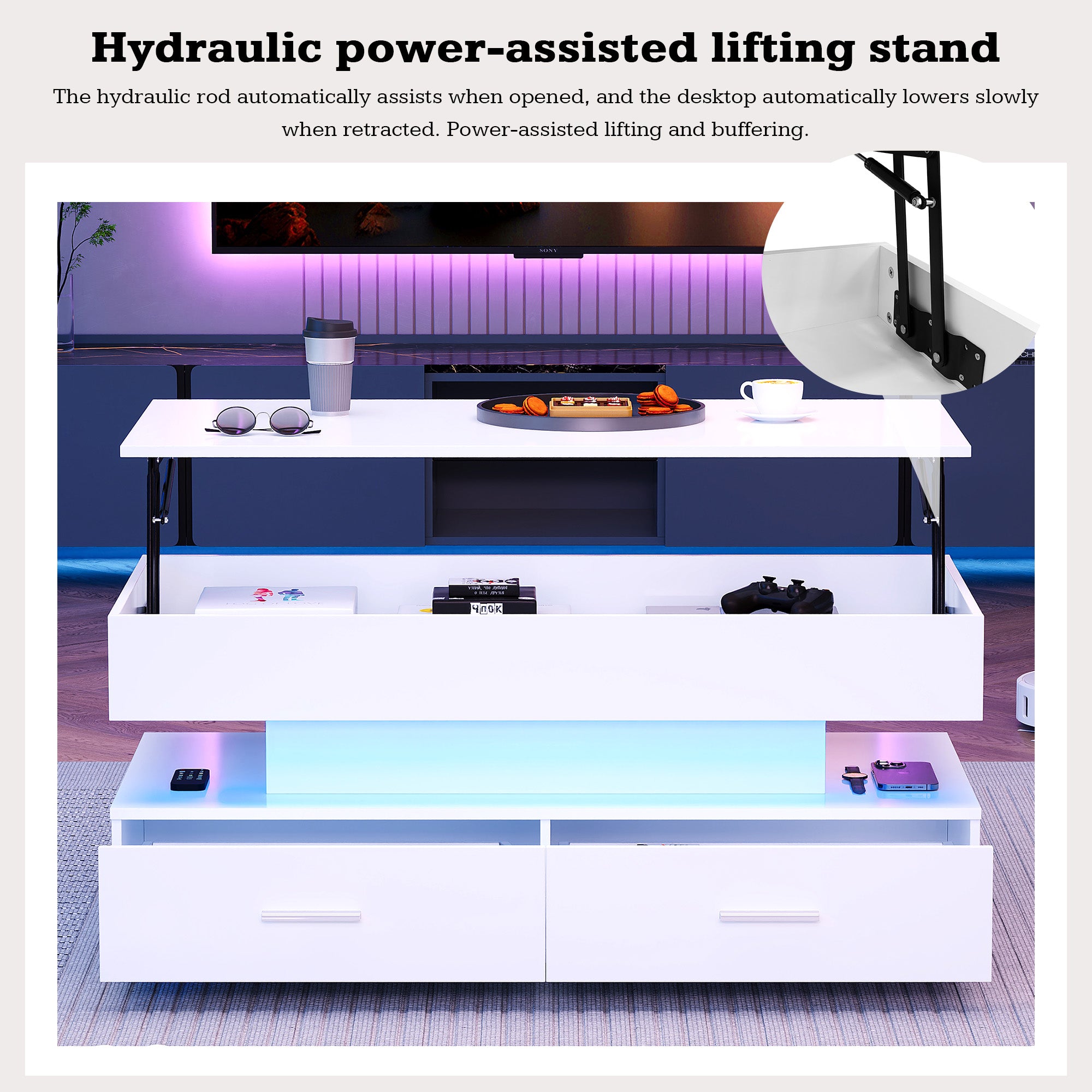 100x50x44cm Hydraulic Height Adjustable Coffee Table, With LED Lighting, Bluetooth APP Control, 2 Drawers And Open Storage,White Liftable Coffee Table