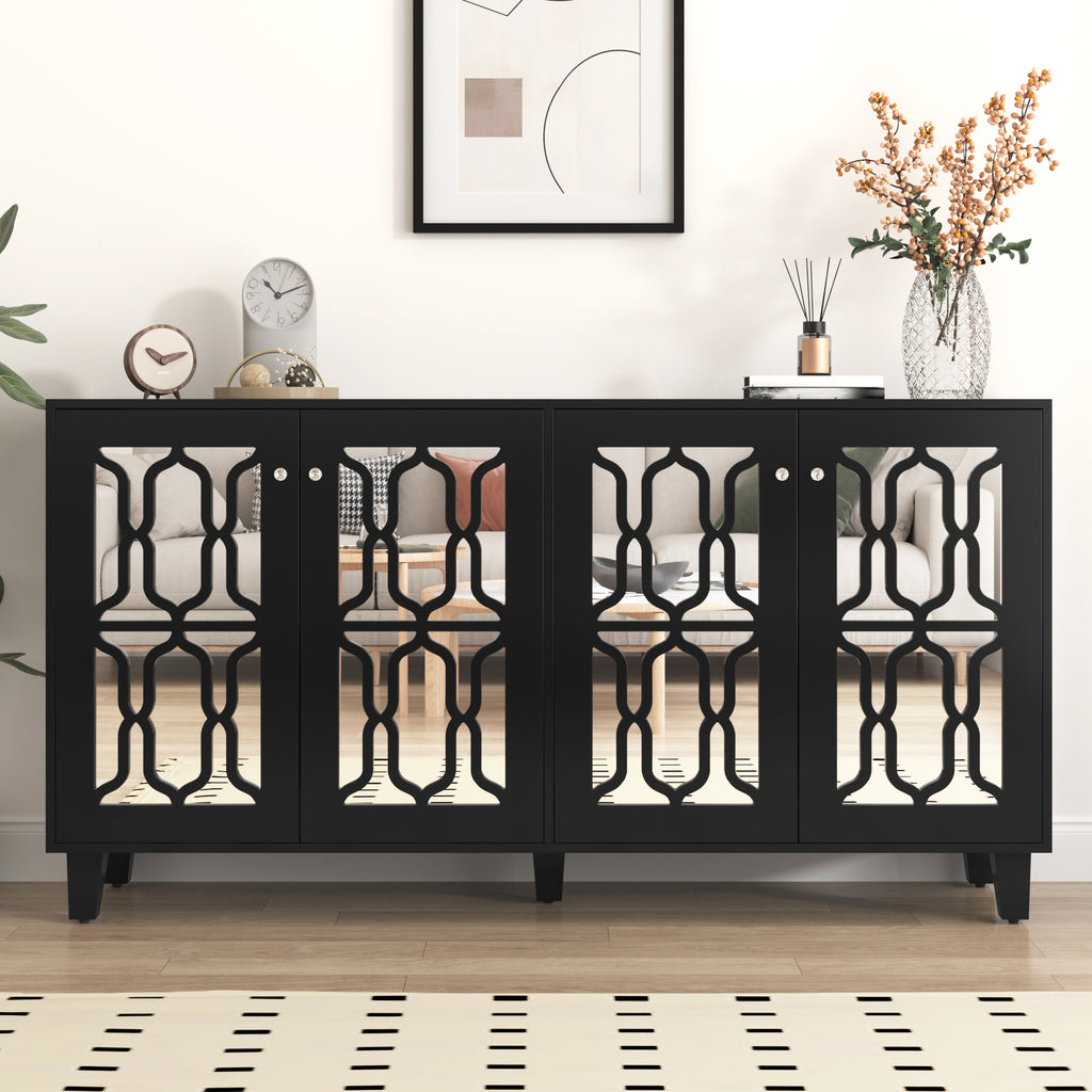 Schwarz Verspiegelte Anrichte Mit Kuhlen Kristallgriffen, Vier Turen, Mit Beweglichem Laminat.fur Wohn- Und Esszimmer, 160 X 40 X 84cm