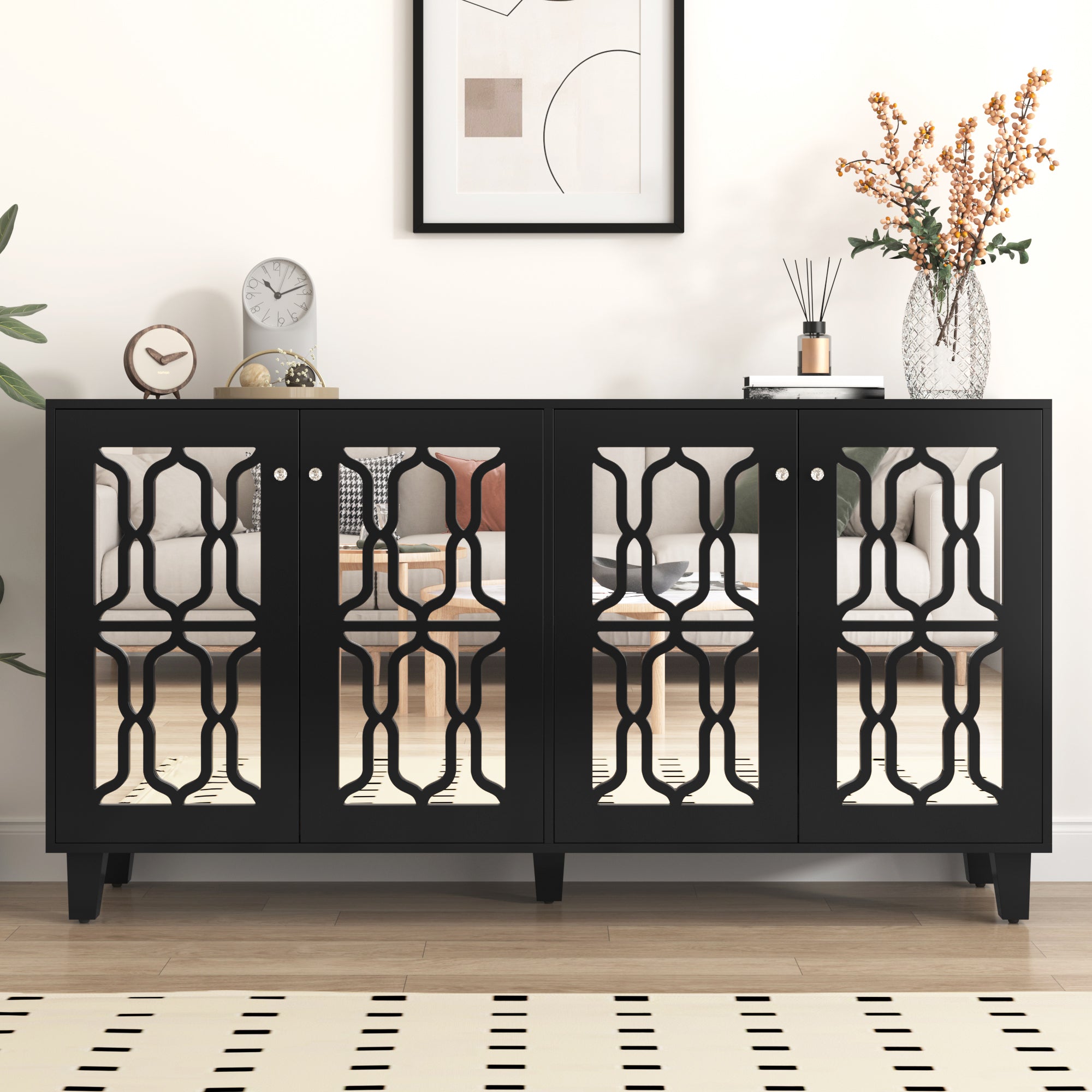 Schwarz Verspiegelte Anrichte Mit Kuhlen Kristallgriffen, Vier Turen, Mit Beweglichem Laminat.fur Wohn- Und Esszimmer, 160 X 40 X 84cm