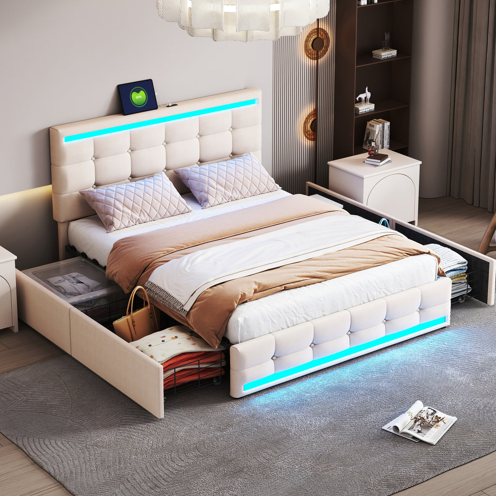 Upholstered Bed 140x 200 LED Upholstered Bed With 4 Drawers And 2 USB Charging Stations, Bed Frame With LED Head Part Foot Part, Upholstered Platform Bed With Storage Space, Linen Beige
