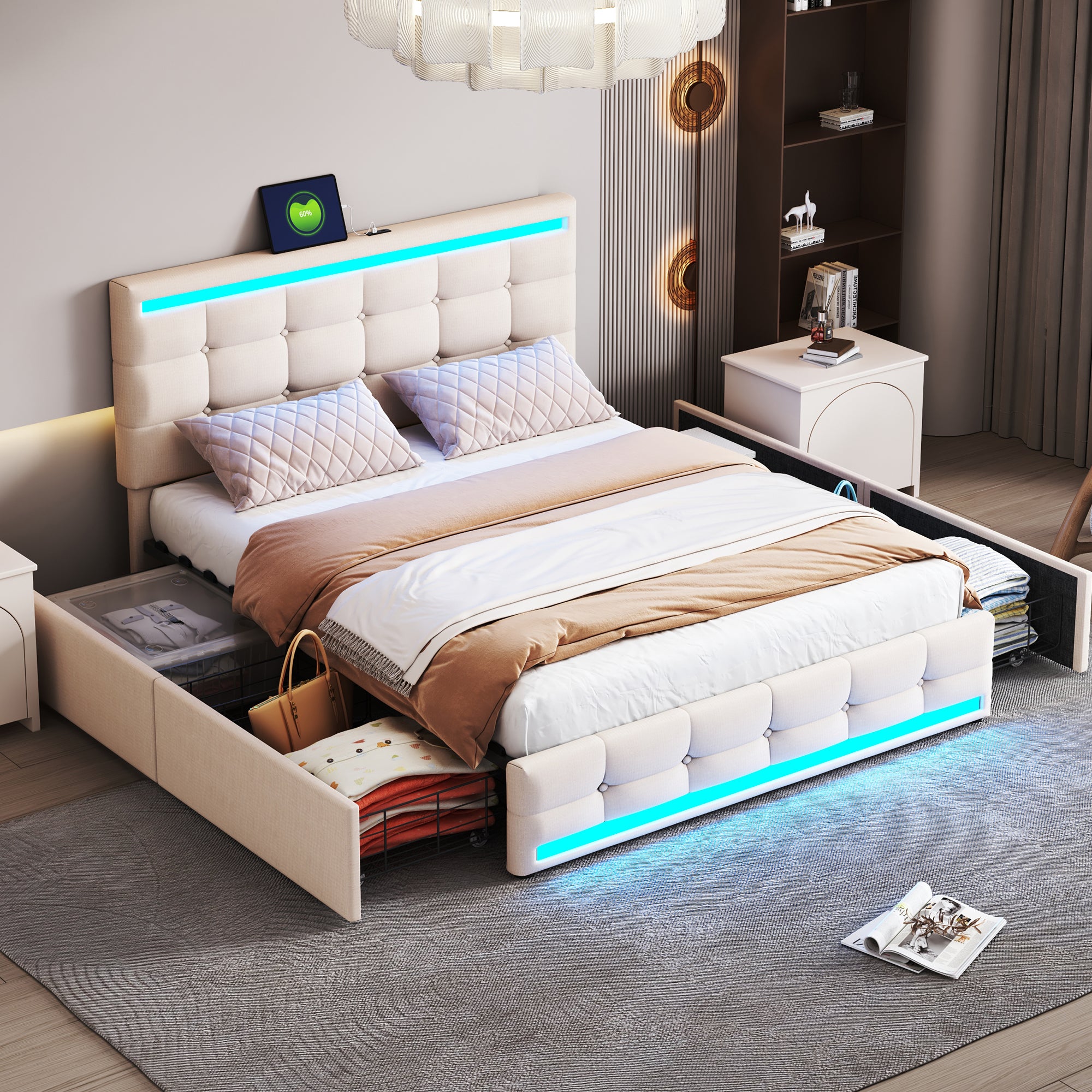 Upholstered Bed 140x 200 LED Upholstered Bed With 4 Drawers And 2 USB Charging Stations, Bed Frame With LED Head Part Foot Part, Upholstered Platform Bed With Storage Space, Linen Beige