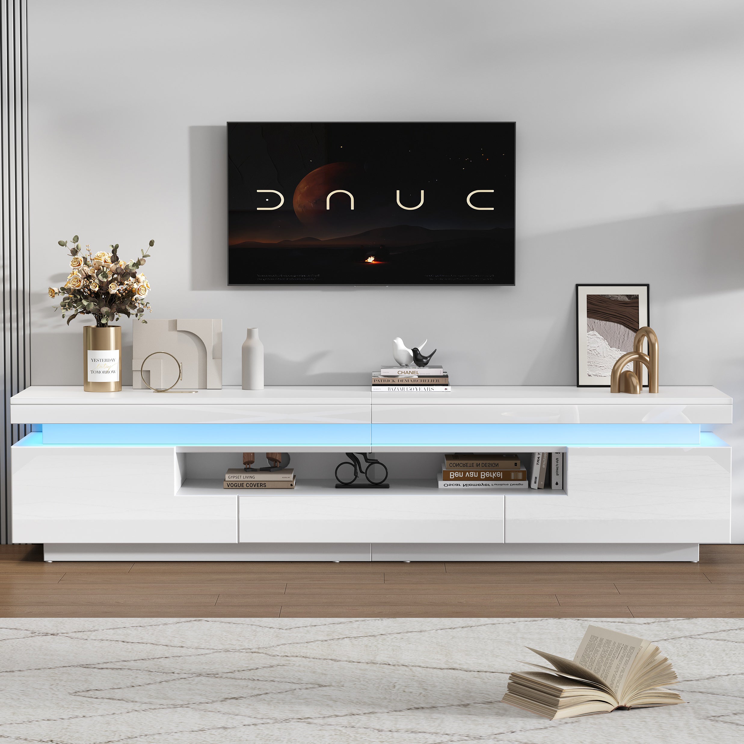 175x38x45cm Living Room TV Stand With 2 L-Shaped Cabinets And 1 Drawer,High Gloss Living Room Cabinet With LED,Lowboard With Semi-Open Storage,Floor-standing TV Cabinet Suitable For TVs Around 75 Inch