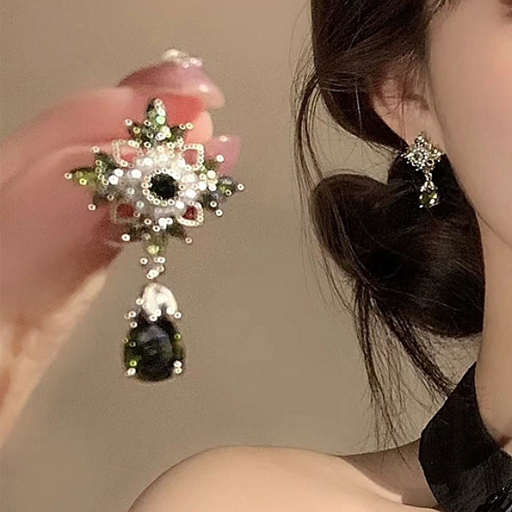 Vintage Exquisite Zircon & Pearl Floral Earrings For Women, Elegant High-End Versatile Teardrop Pendant Stud Ear Jewelry