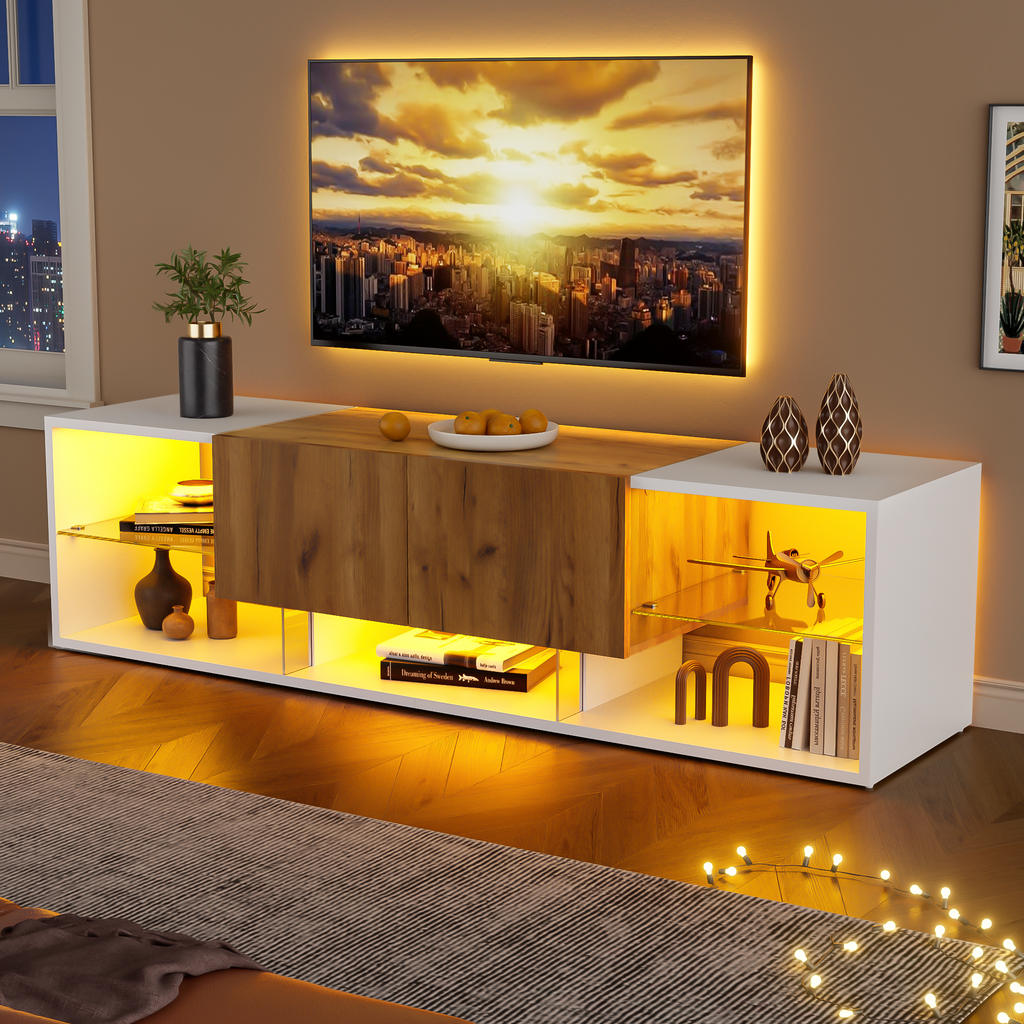 3 Tier TV Console Cabinet For TVs Up To 70, Modern TV Console Entertainment Center With Glass Top Storage Platform And 2 Drawers, TV Stand, Suitable For Living Room, Bedroom, White