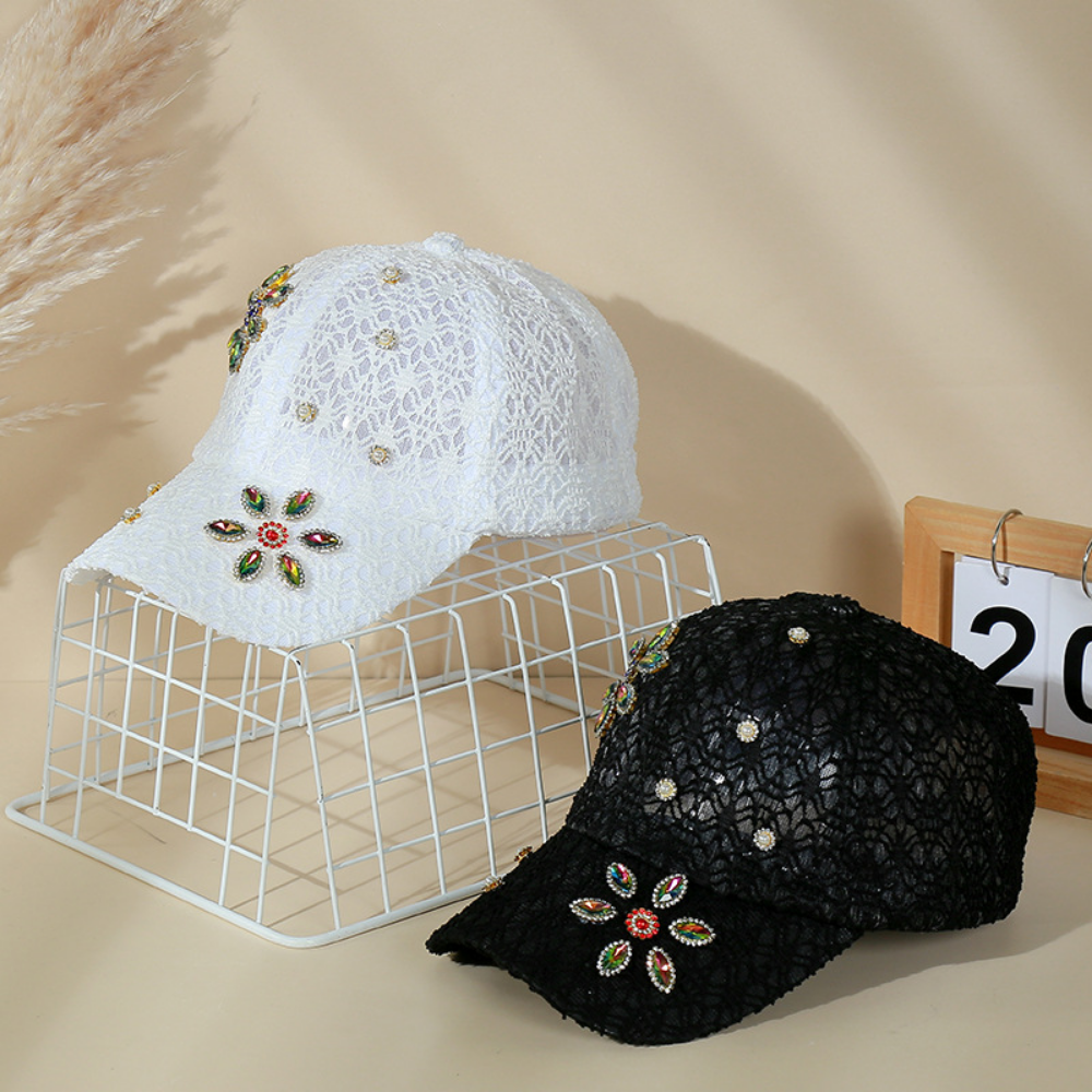 Lady's Lace-textured Colored Diamond Flower-pattern Breathable Versatile Fashionable Baseball Cap Suitable For Banquets, Outings, Daily Shopping