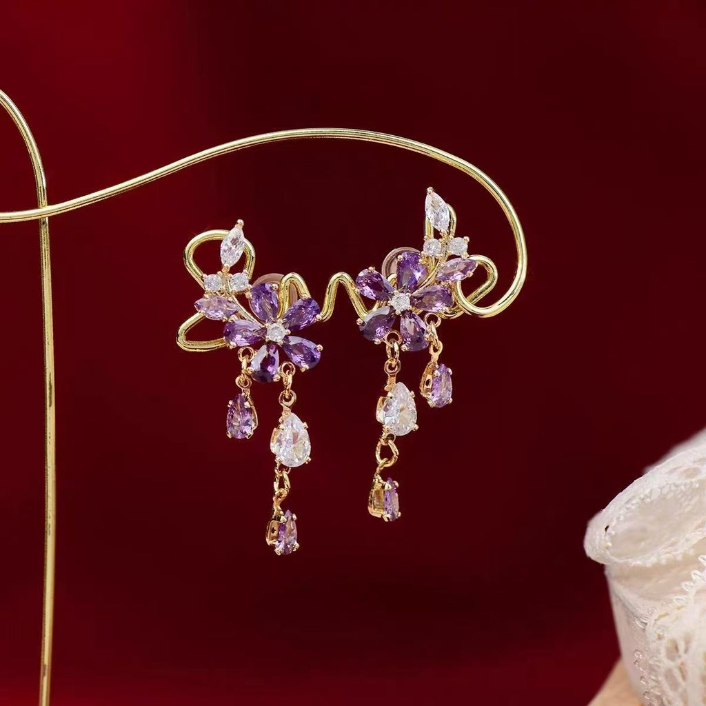 French Romantic Purple Petal Tassel Earrings, Crystal Teardrop Floral Leaf Design, Niche Light Luxury Elegant Dangle Ear Jewelry For Women