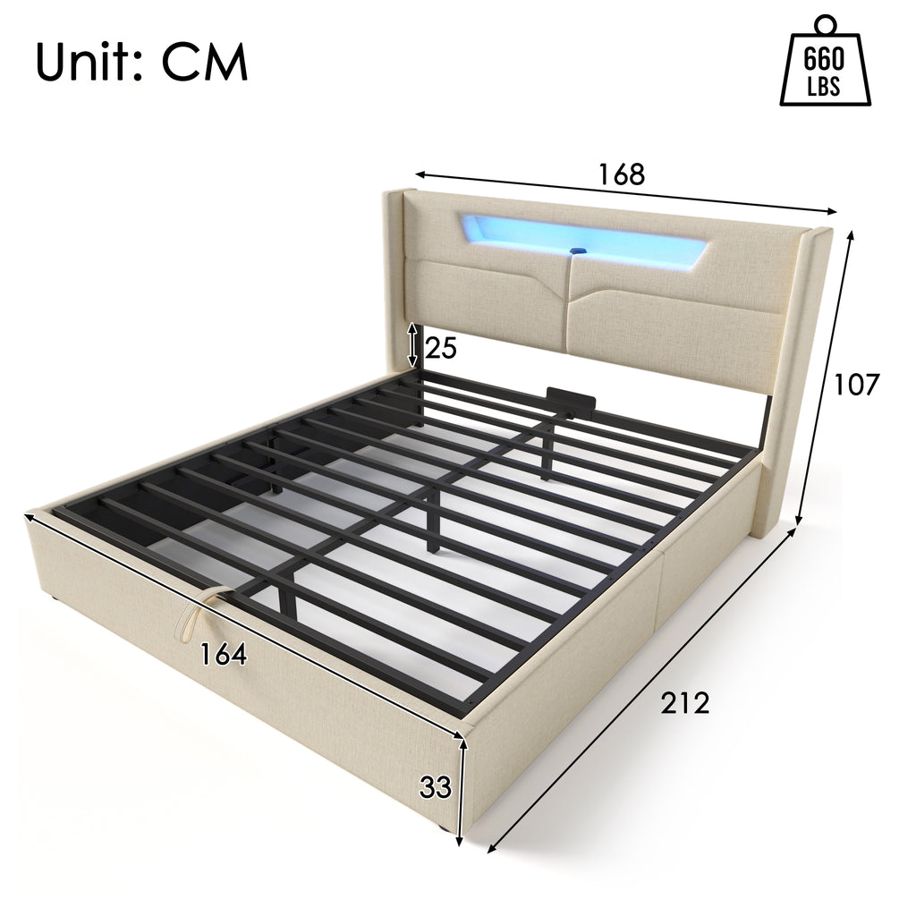 Upholstered Bed LED Double Bed With USB Type C Charging Function And LED Lighting,Storage Beds Bed Frame Made Of Linen Material Youth Bed 160x200 With Slatted Base  Without Mattress