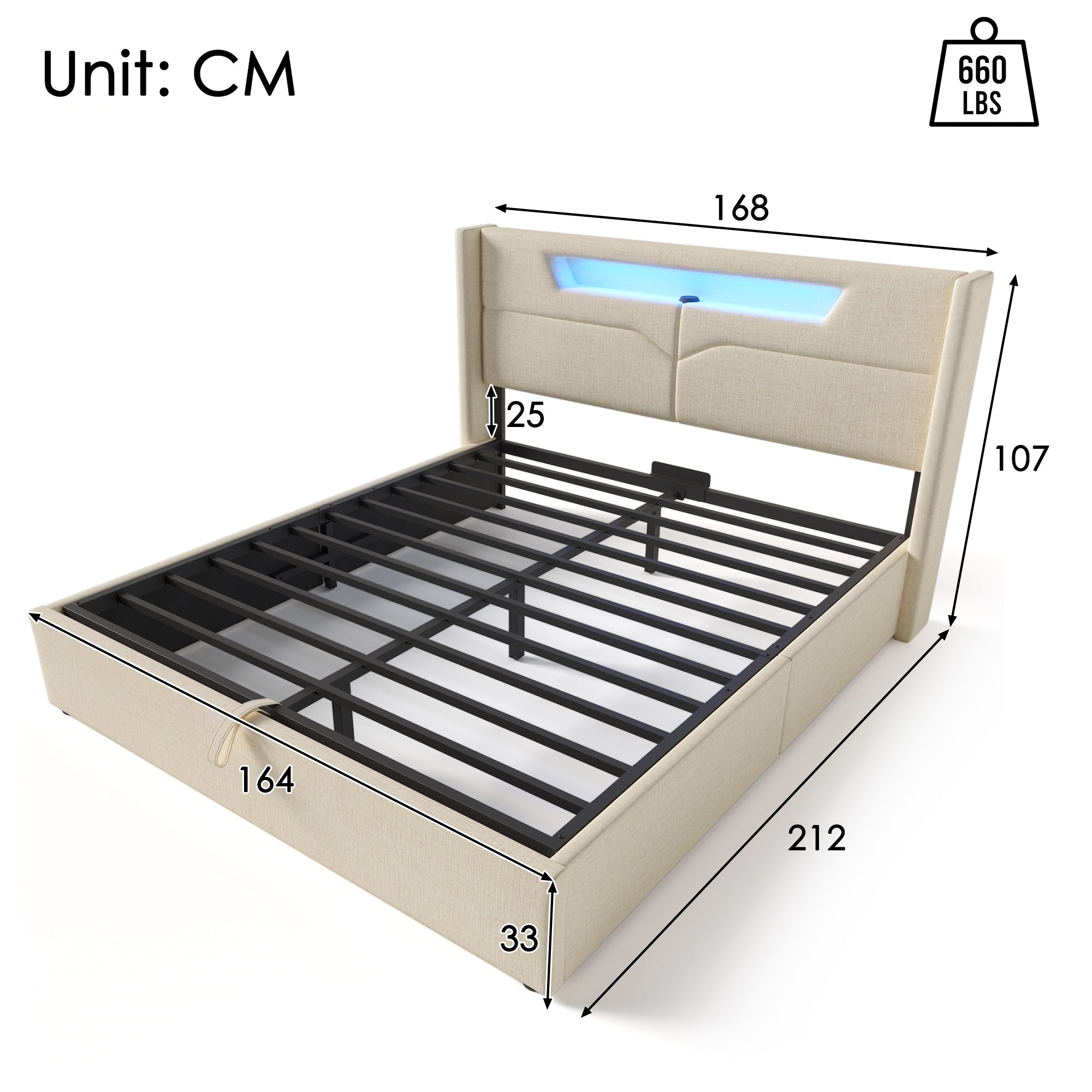 Upholstered Bed LED Double Bed With USB Type C Charging Function And LED Lighting,Storage Beds Bed Frame Made Of Linen Material Youth Bed 160x200 With Slatted Base  Without Mattress