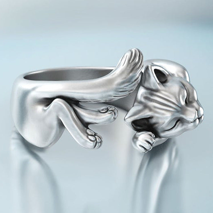 Zhenrong New Cute Cat Adjustable Open Ring, European 925 Plated Vintage Thai Silver Black Cat Totem Finger Ring For Women