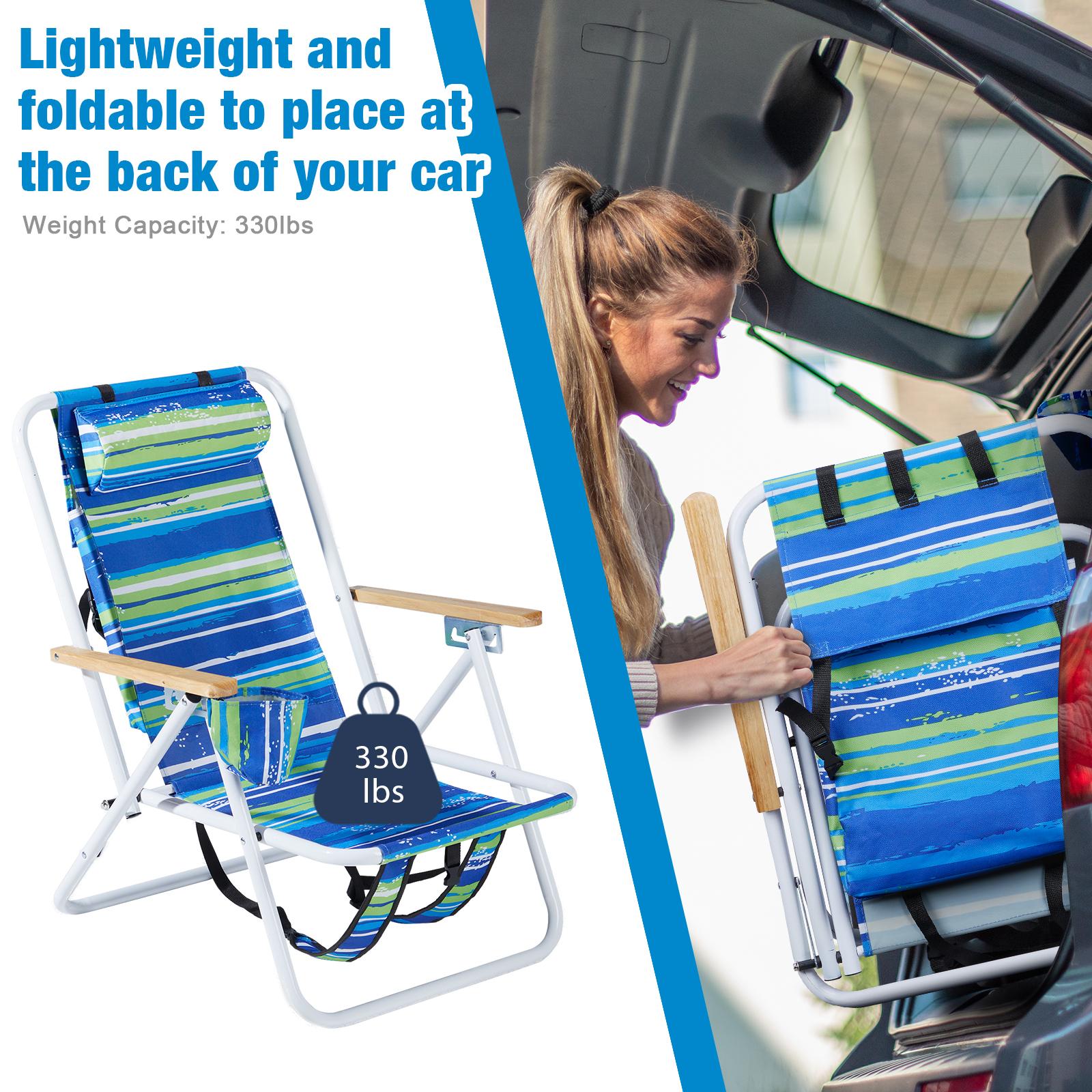 Portable Blue-and-green Striped Backpack Beach ChairFoldable And Adjustable Reclining Beach Lounger Suitable For Outdoor Beach And Camping Use.Self-pickup Only.