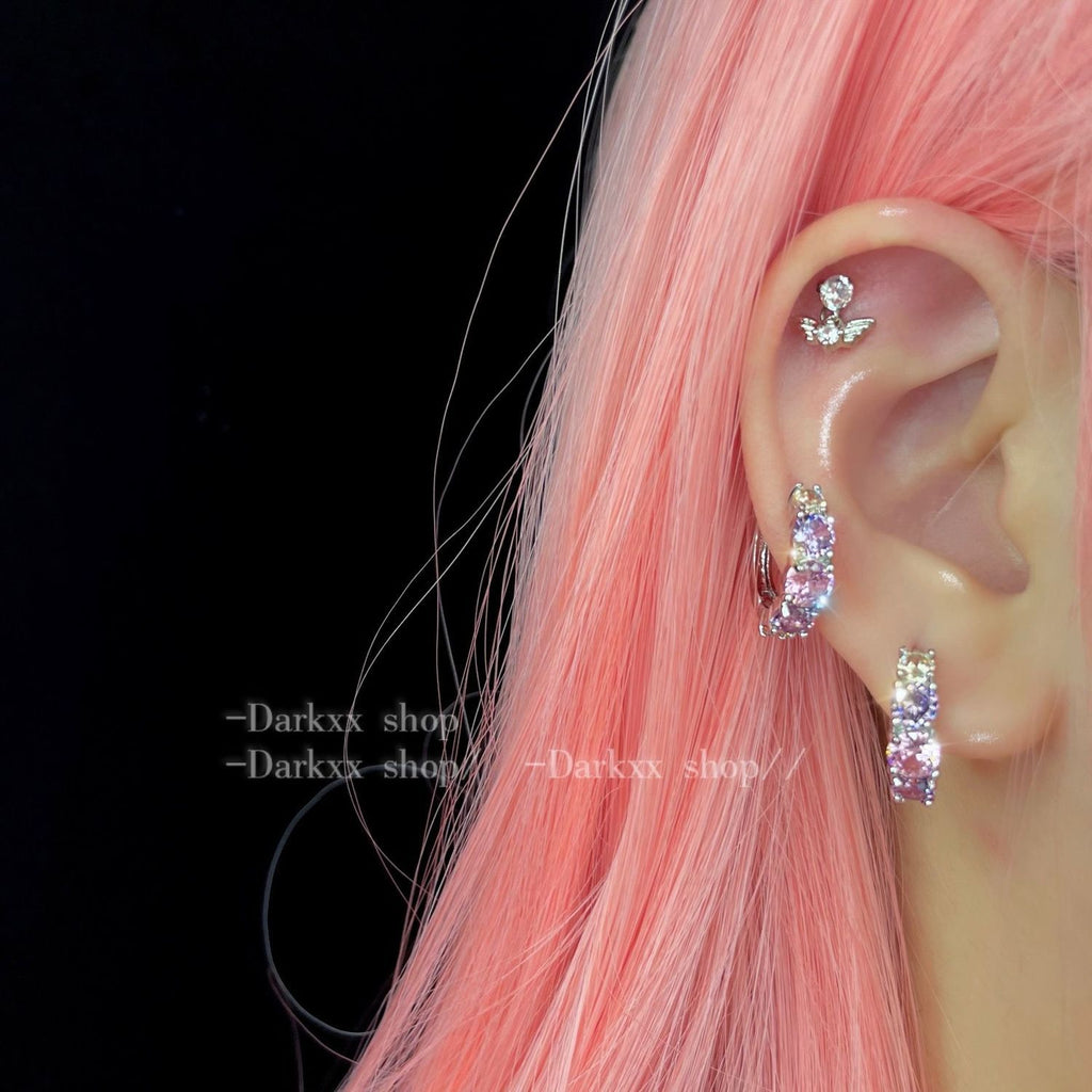 Heavy Craft Full Purple Rhinestone Angel Combo Stud & Huggie Earrings, Super Sparkly Edgy Hot Girl Style Ear Jewelry