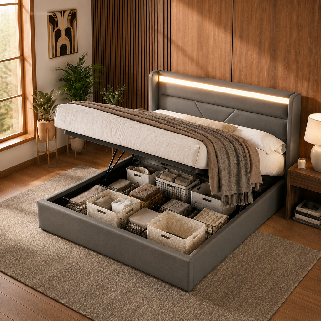 Hydraulic Storage Bed With LED Lighting Strip, Double Bed Bed Frame Upholstered Bed 140x200cm, Functional Bed, Grey  With Remote Control