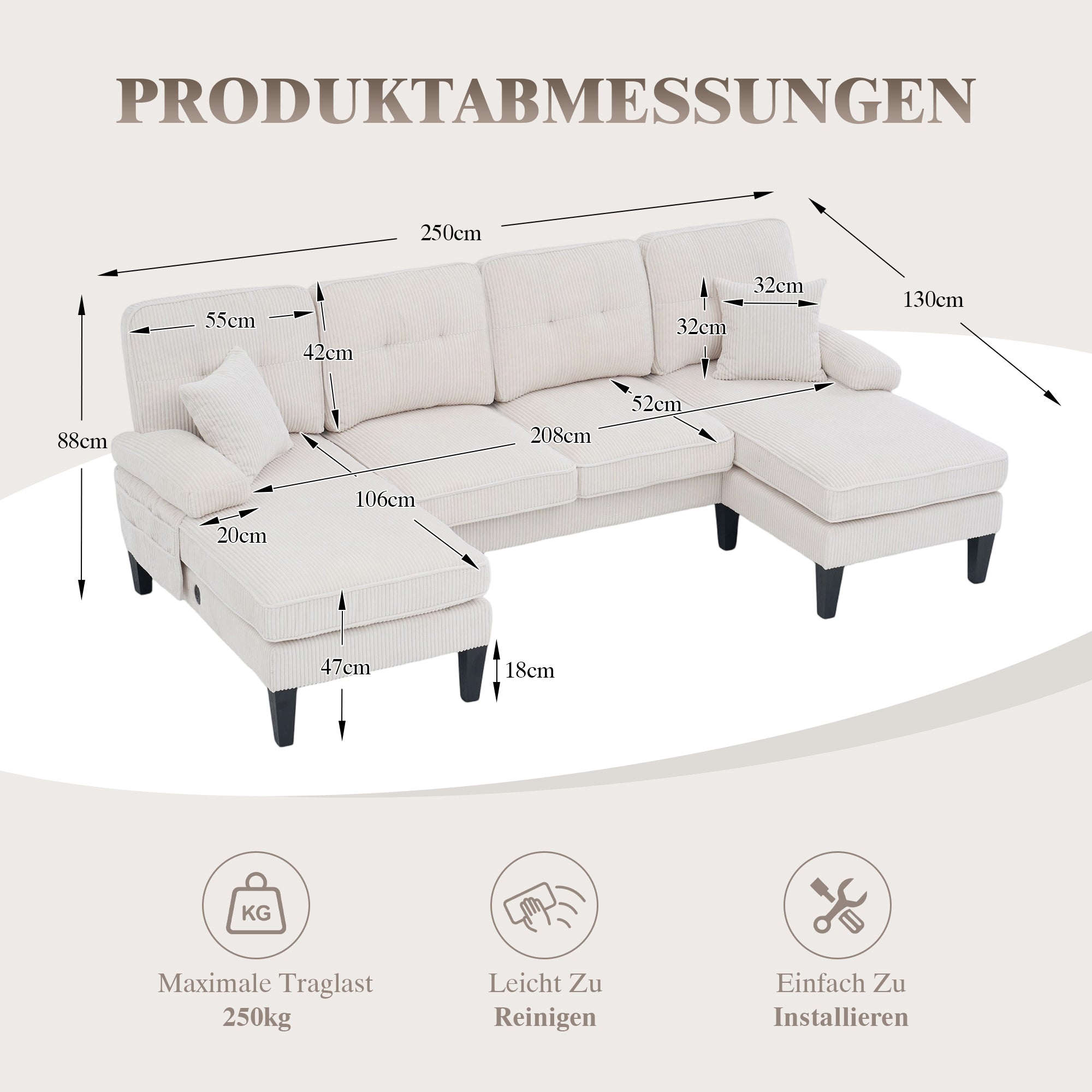 Modern 4-seater U-sofa With Double Chaise Longue  Made Of Soft Corduroy Fabric, With Comfortable Upholstery, Modern Backrest And Robust Construction. Perfect For Any Living Room Concept.Beige