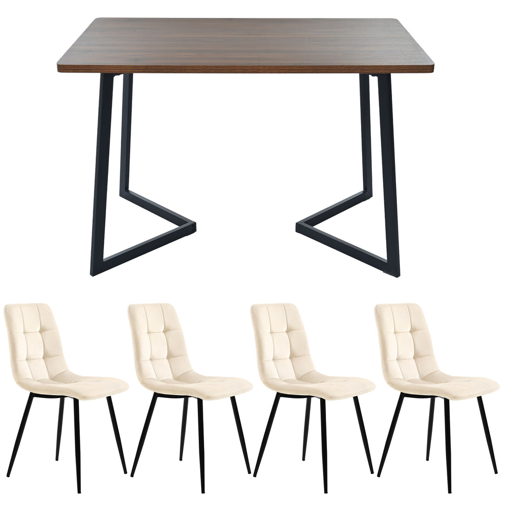 5-Piece Dining Set Table And 4 Chairs, Modern Kitchen Table Set, Kitchen Table With Wood-Grain Finish And Black Metal Legs, Walnut-Colored MDF Tabletop, Beige Velvet Dining Chairs